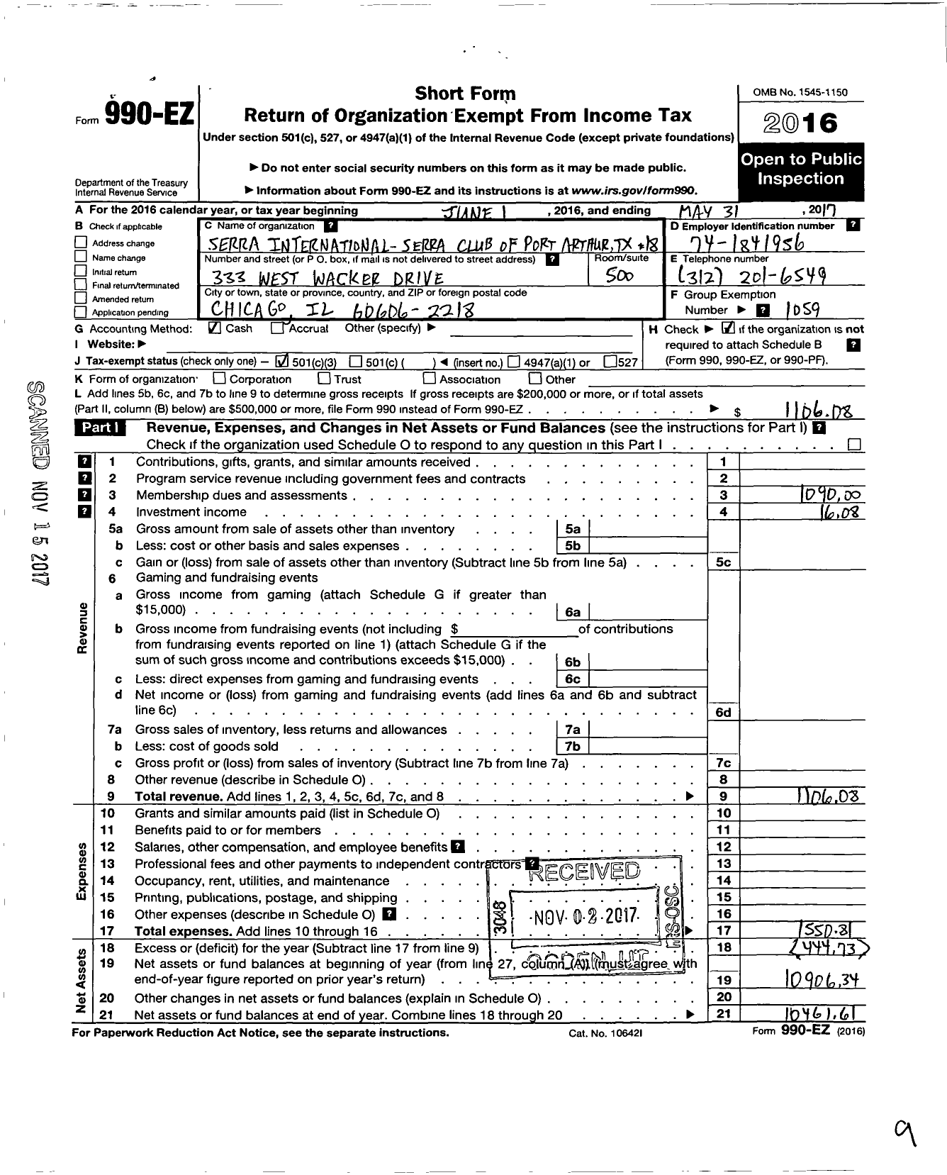 Image of first page of 2016 Form 990EZ for Serra International - 18 Port Arthur Club