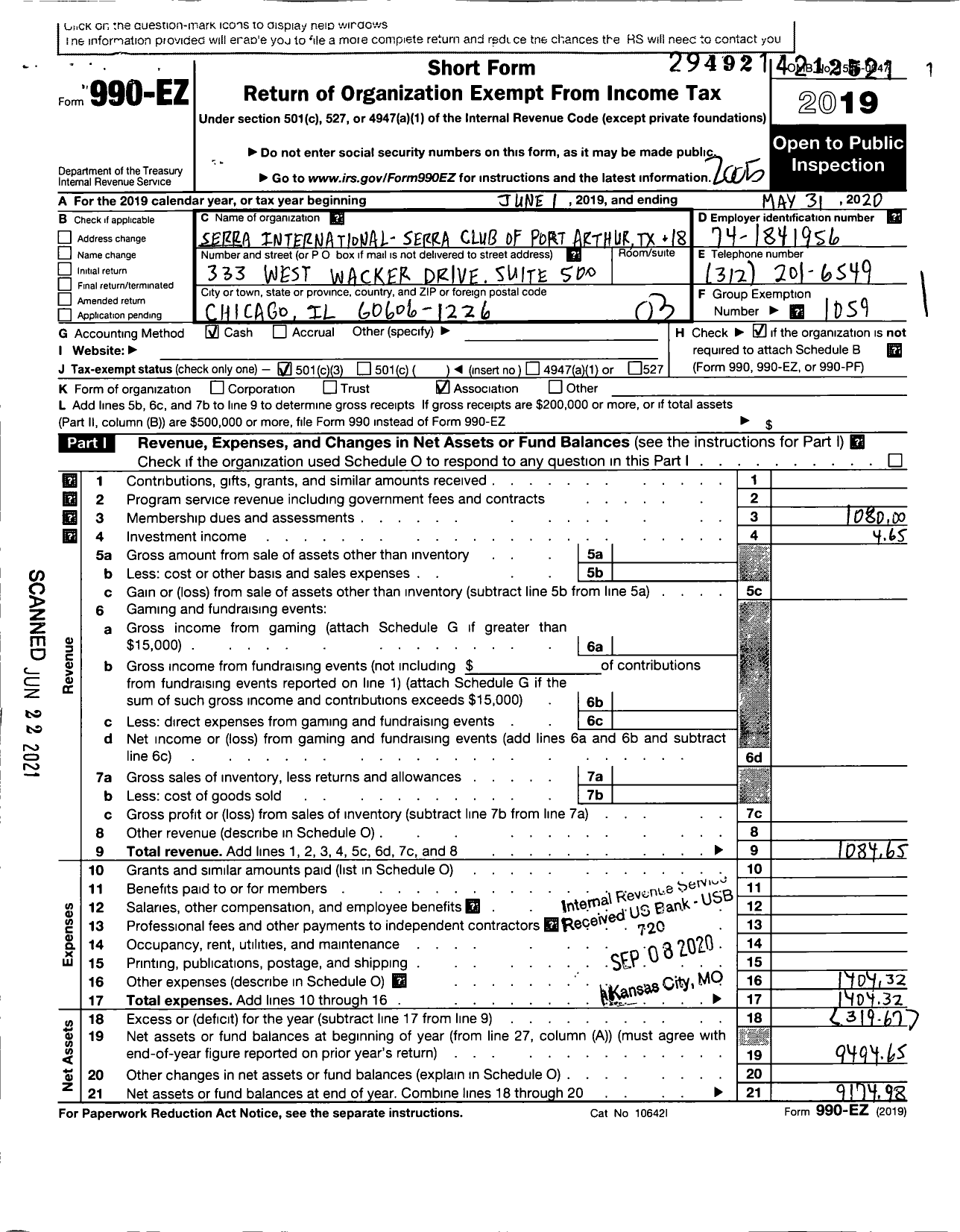 Image of first page of 2019 Form 990EZ for Serra International - 18 Port Arthur Club