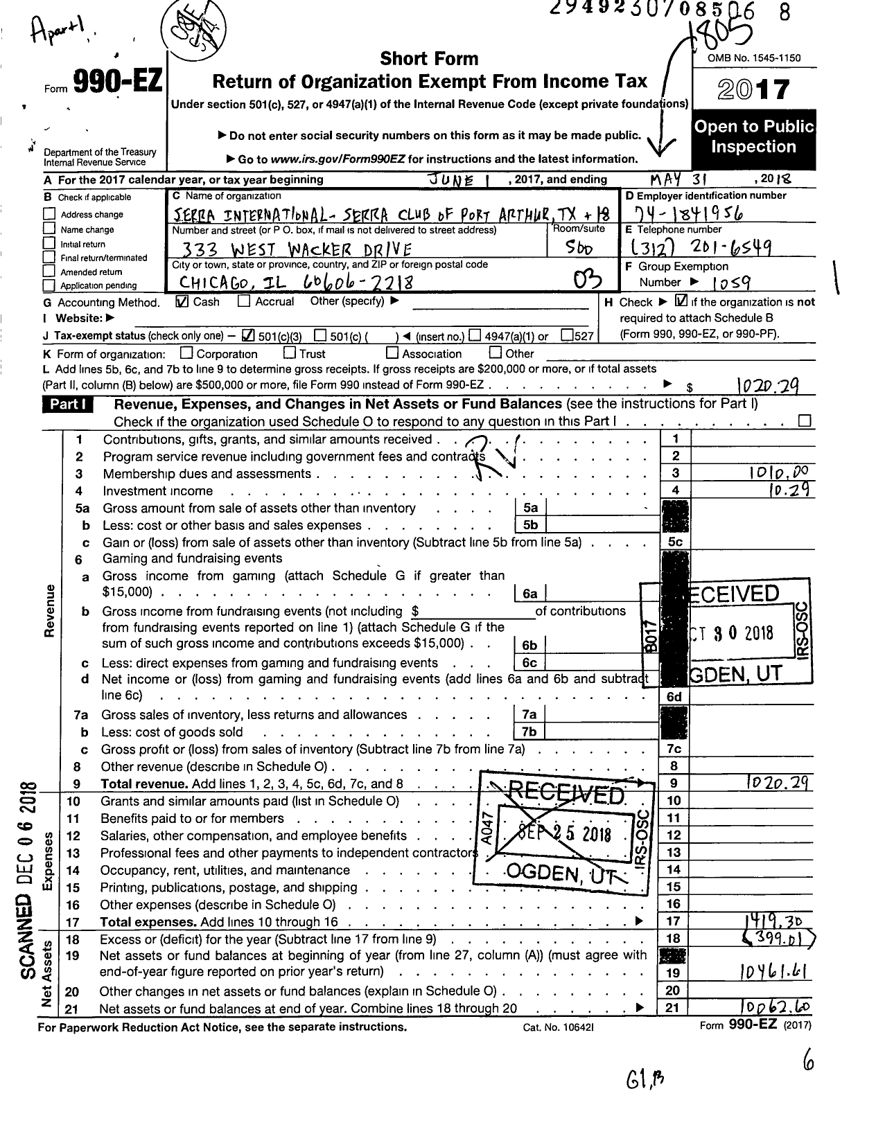 Image of first page of 2017 Form 990EZ for Serra International - 18 Port Arthur Club