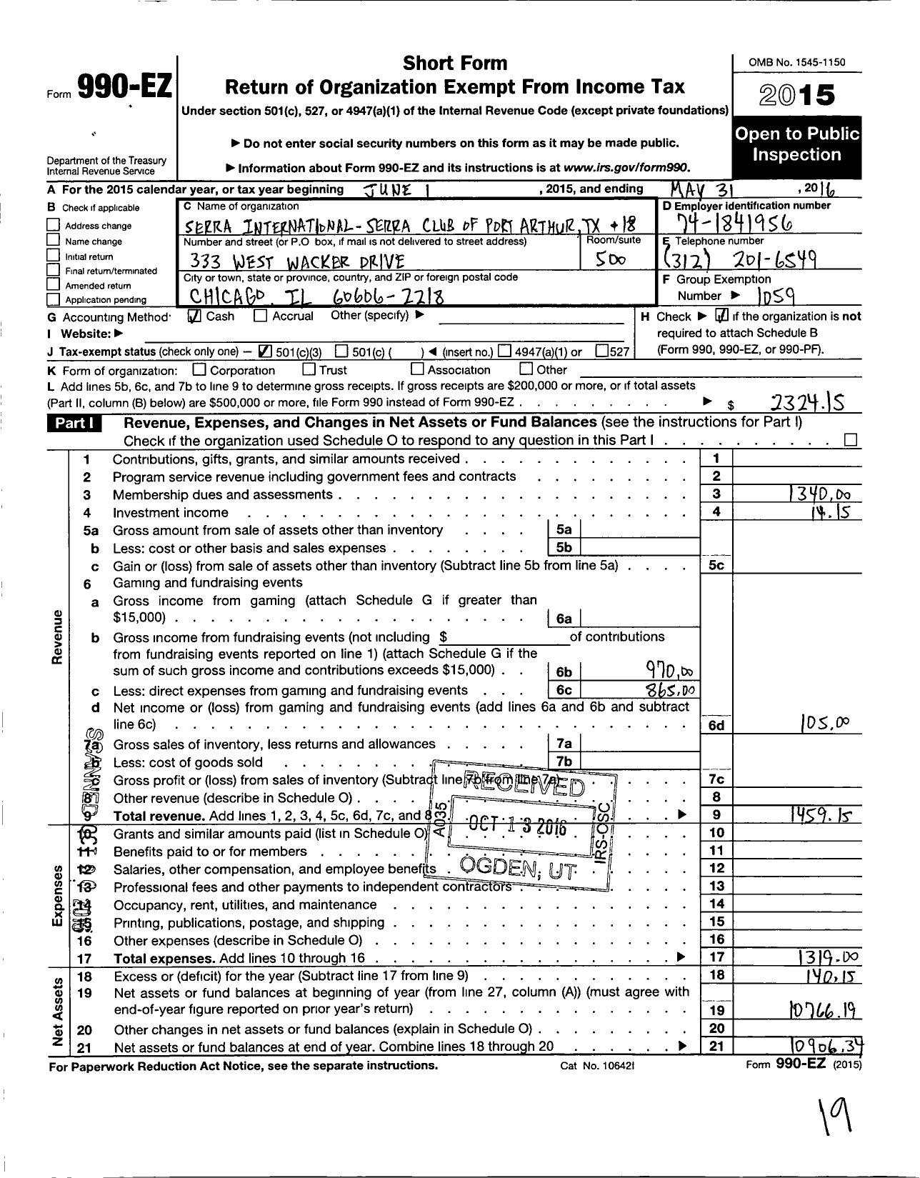 Image of first page of 2015 Form 990EZ for Serra International - 18 Port Arthur Club