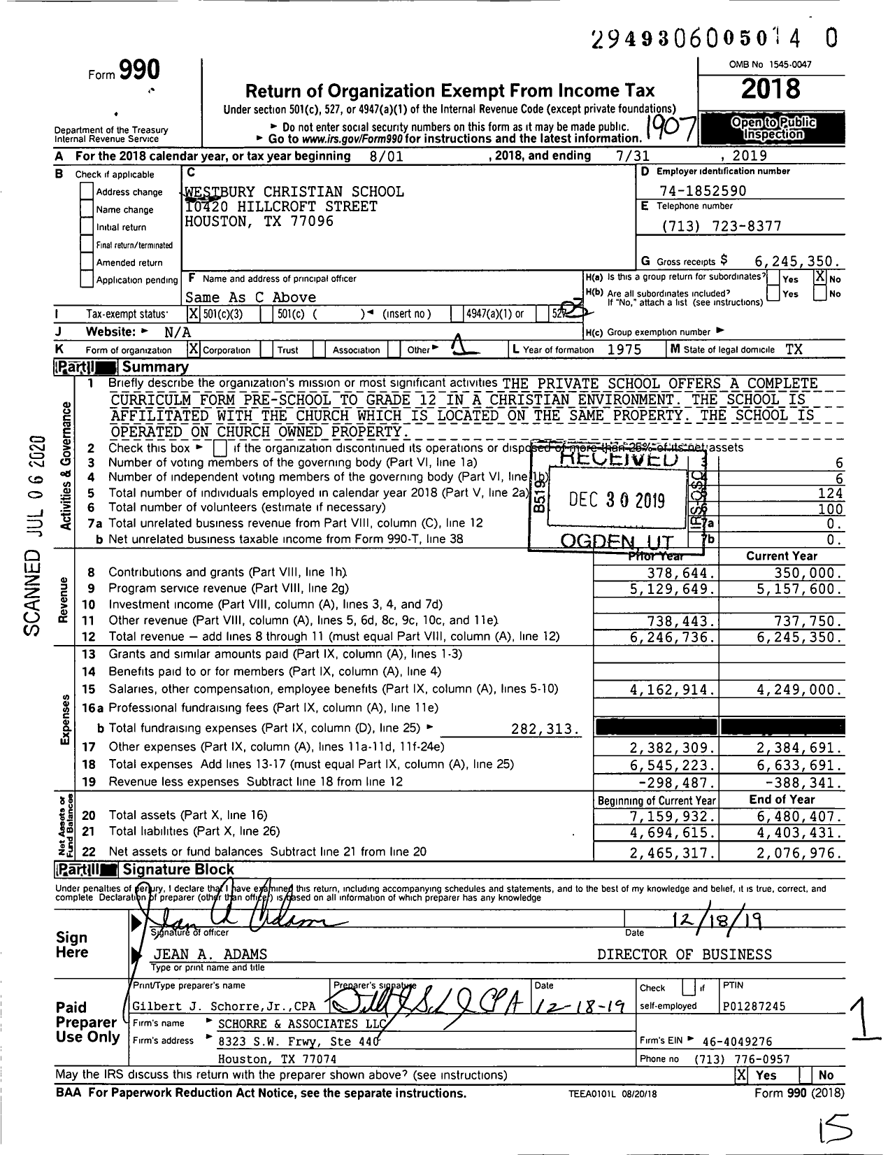 Image of first page of 2018 Form 990 for Westbury Christian School (WCS)