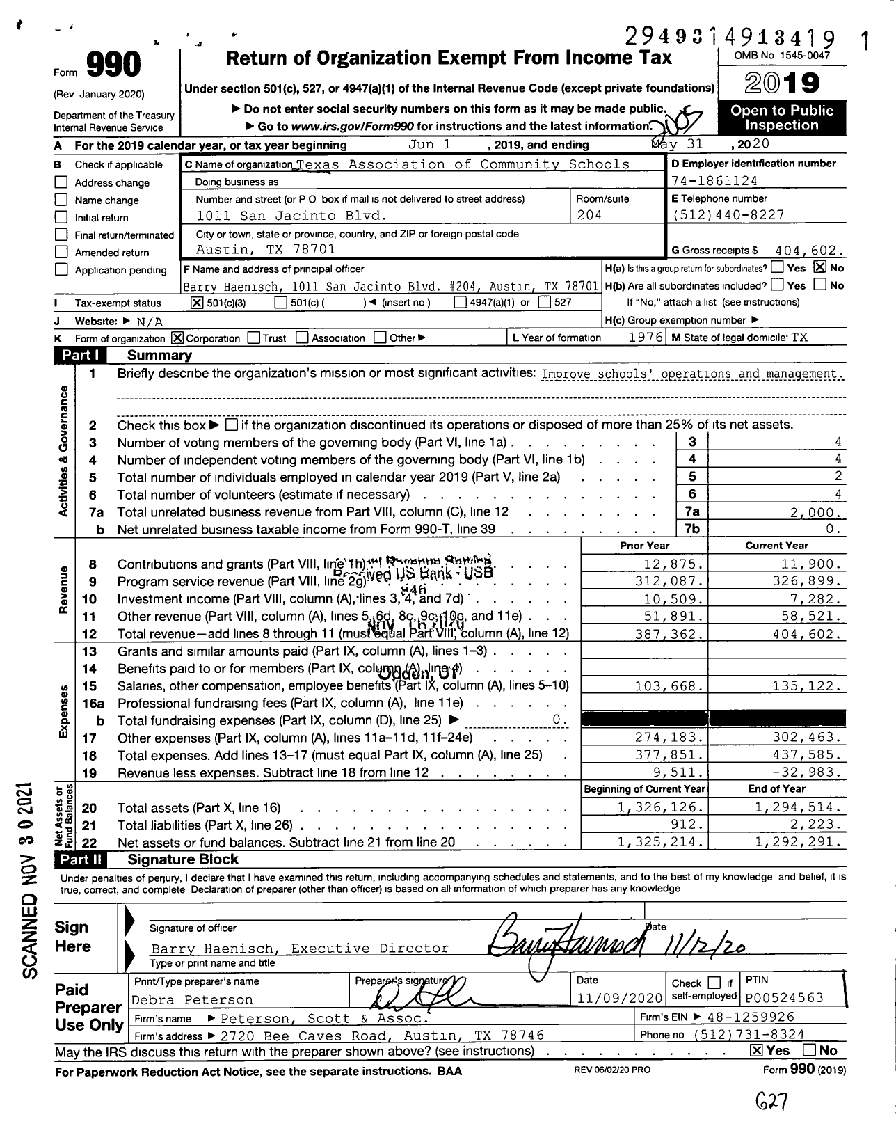 Image of first page of 2019 Form 990 for Texas Association of Community Schools