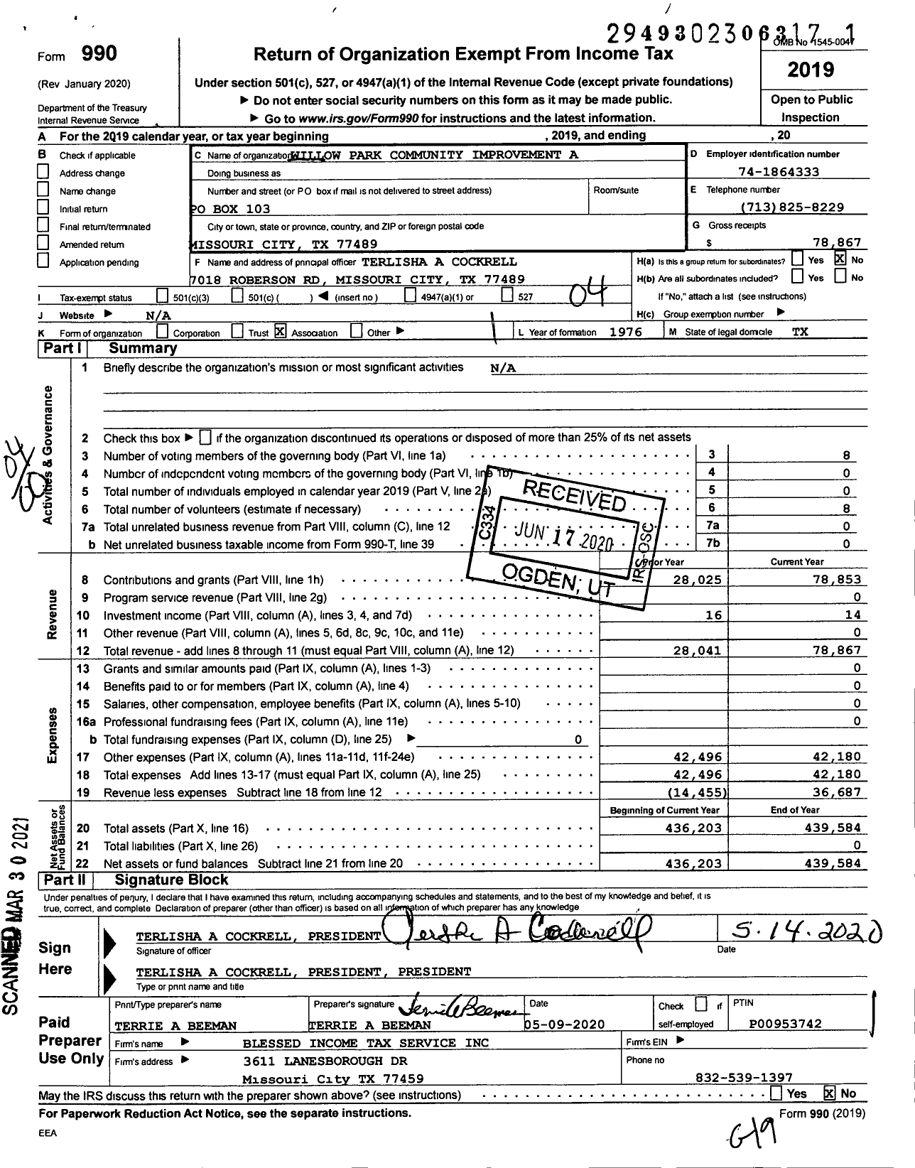 Image of first page of 2019 Form 990O for Willow Park Community Improvement A