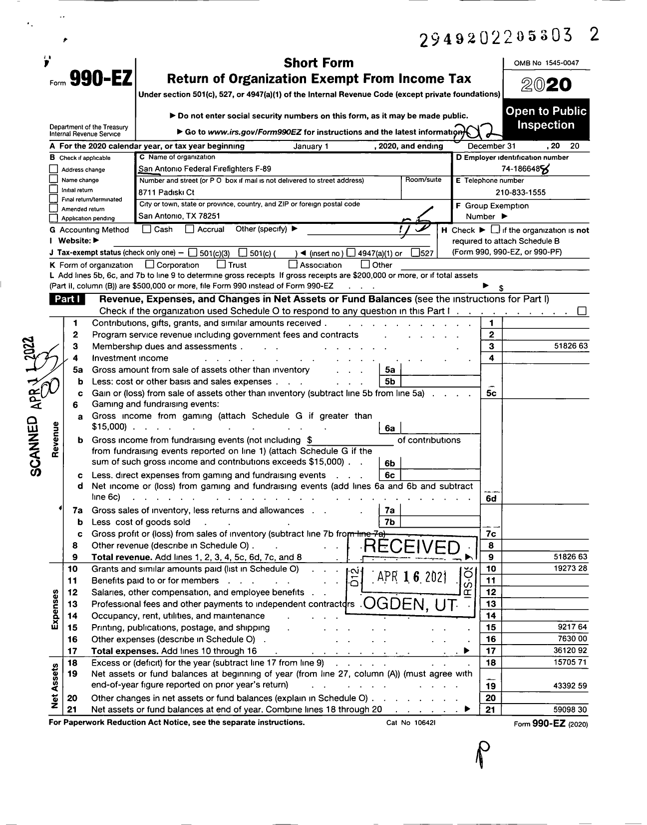 Image of first page of 2020 Form 990EO for INTERNATIONAL ASSOCIATION OF FIRE FIGHTERS - 89 F San Antonio