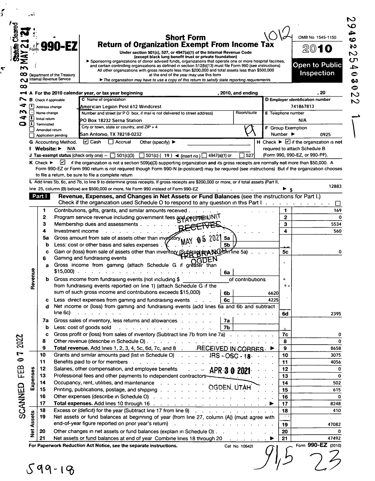 Image of first page of 2010 Form 990EO for The American Legion Department of Texas Windcrest Post No 612