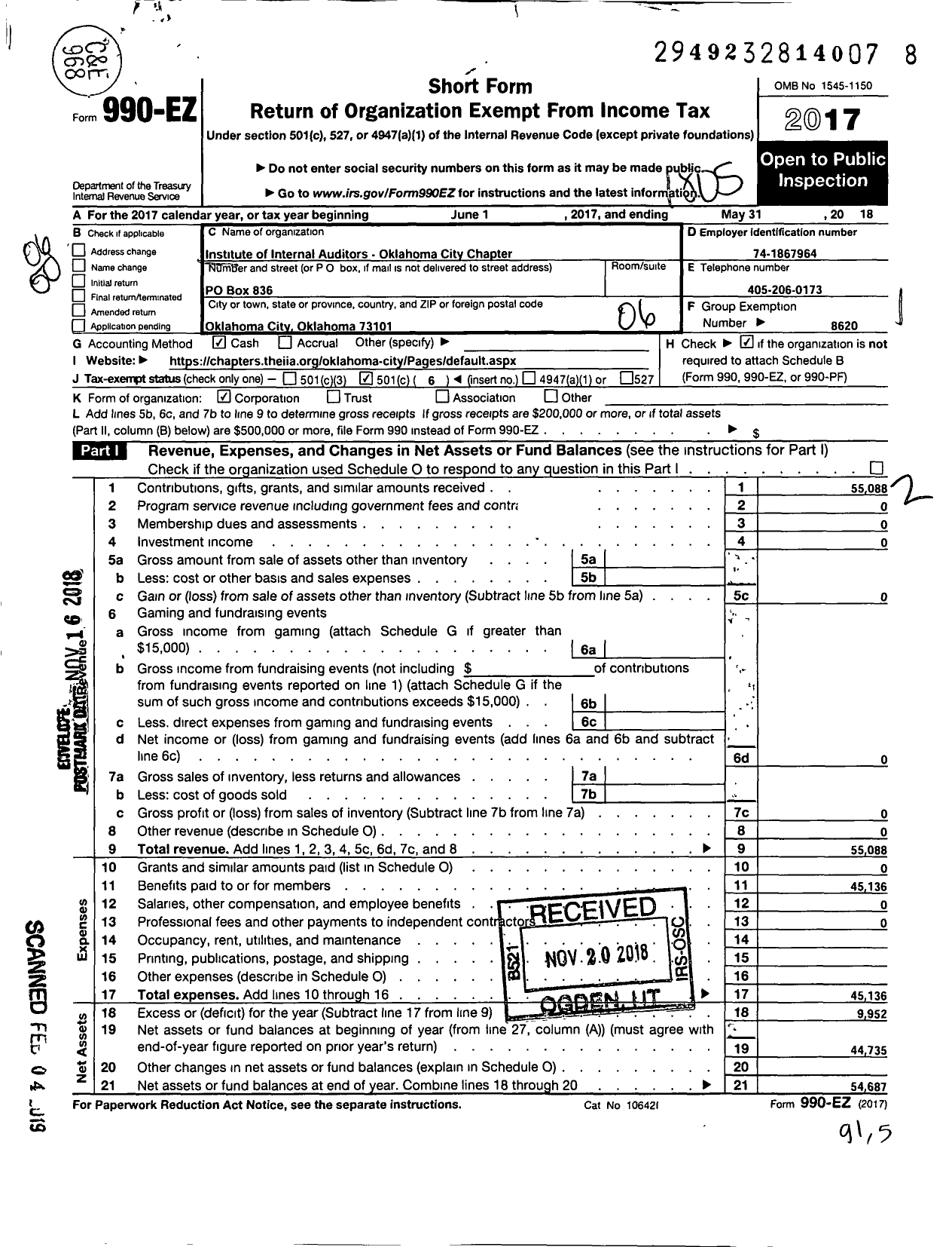 Image of first page of 2017 Form 990EO for INSTITUTE OF INTERNAL AUDITORS / Oklahoma City Chapter