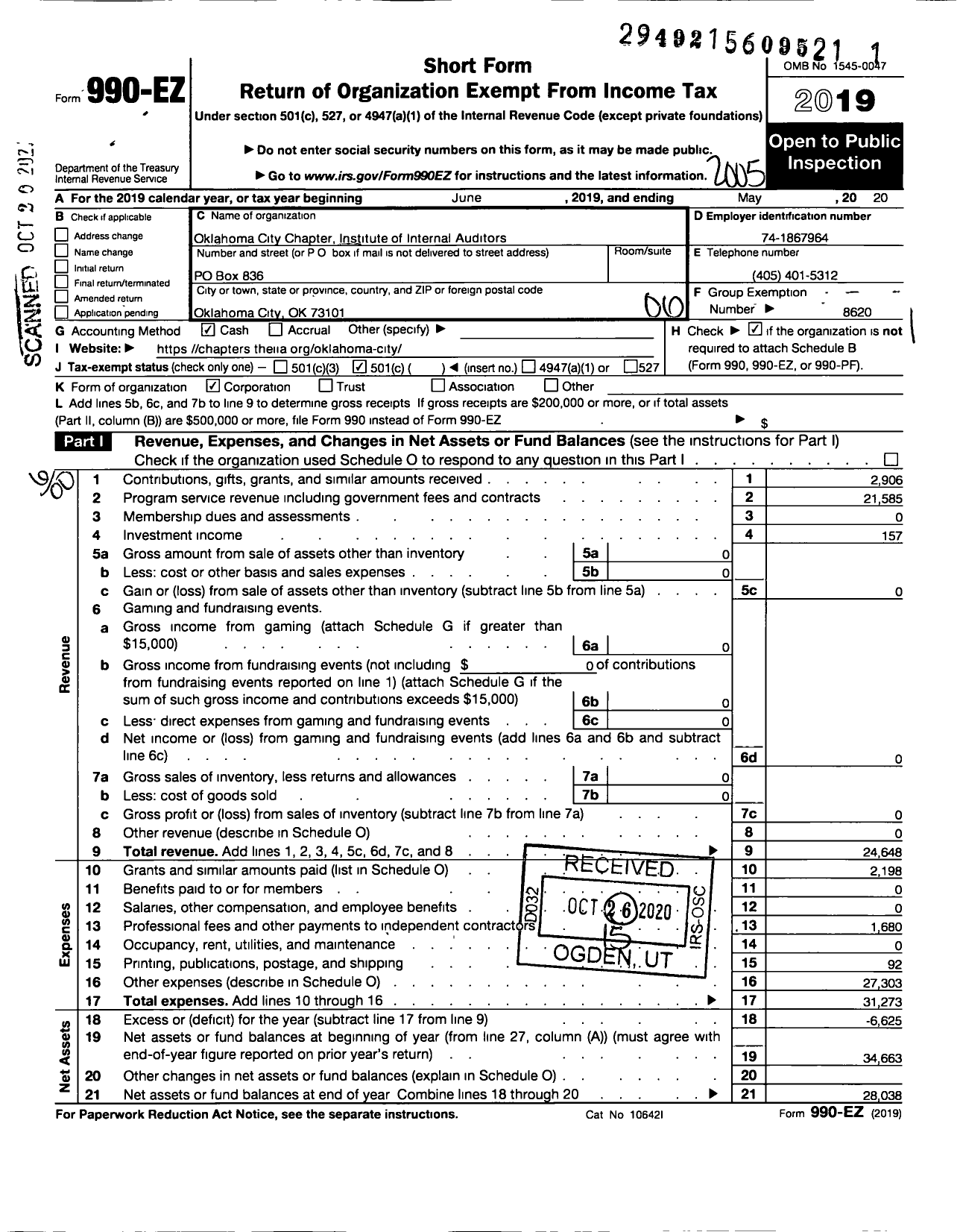 Image of first page of 2019 Form 990EO for INSTITUTE OF INTERNAL AUDITORS / Oklahoma City Chapter