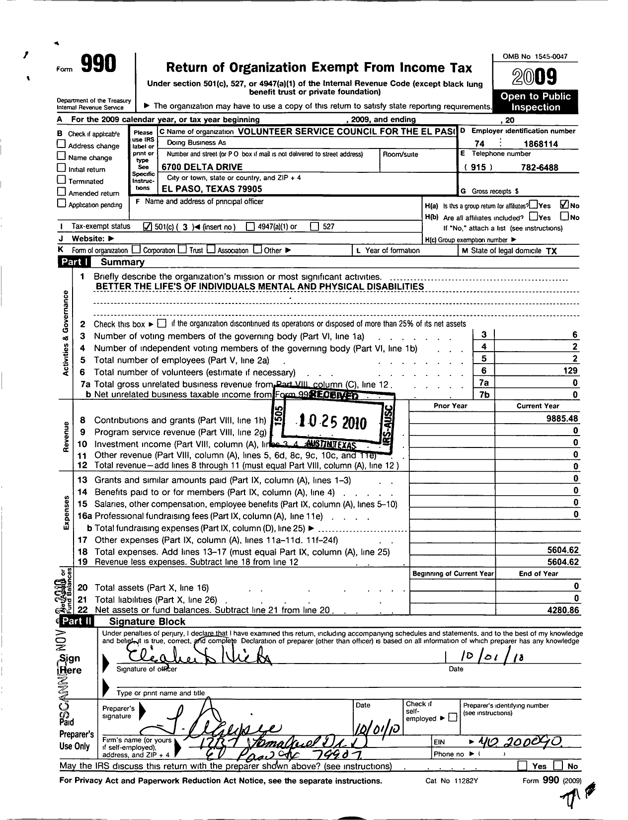 Image of first page of 2009 Form 990 for Volunteer Services Council of the El Paso State Center