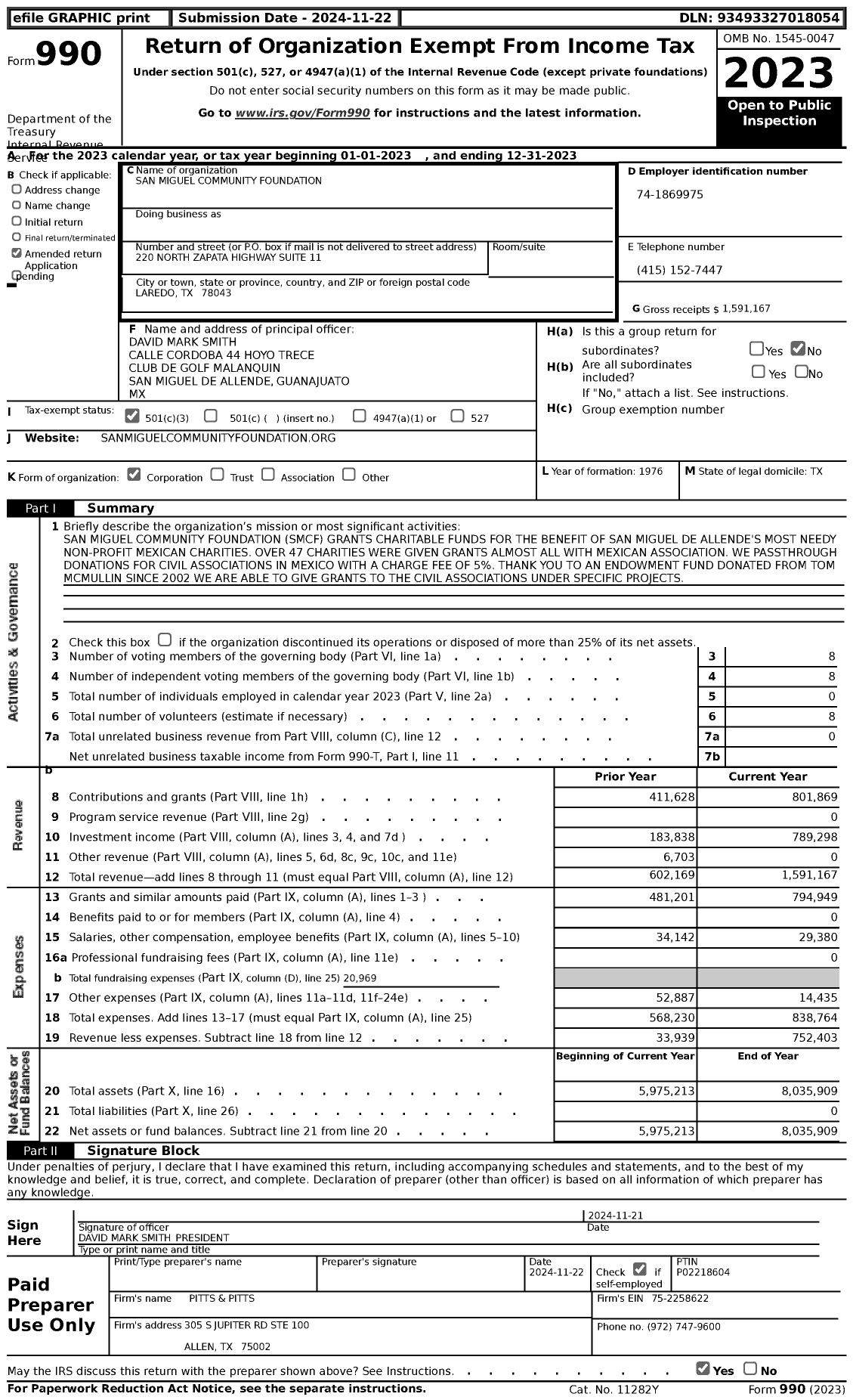 Image of first page of 2023 Form 990 for San Miguel Community Foundation