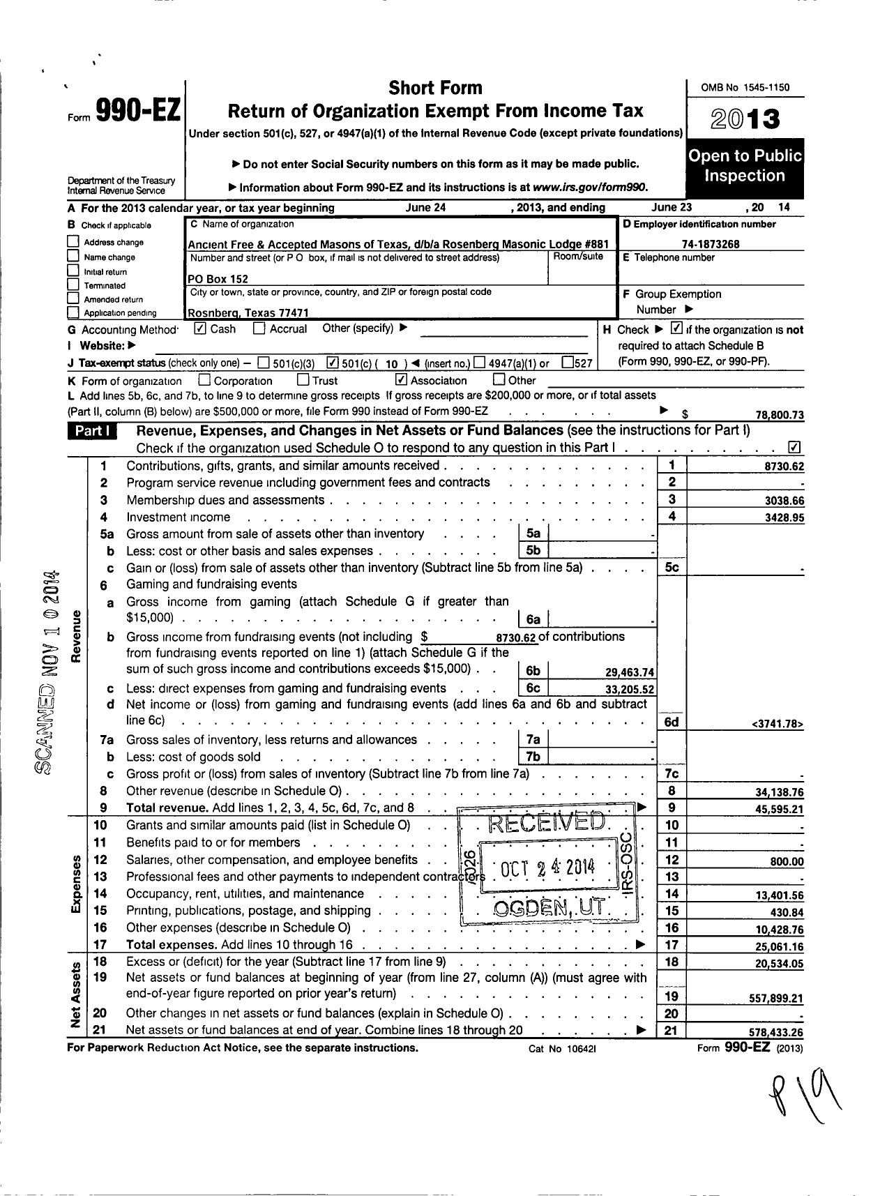 Image of first page of 2013 Form 990EO for Freemasons in Texas - Rosenberg Lodge No 881