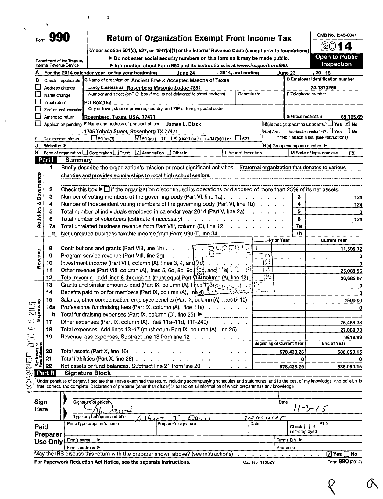 Image of first page of 2014 Form 990O for Freemasons in Texas - Rosenberg Lodge No 881