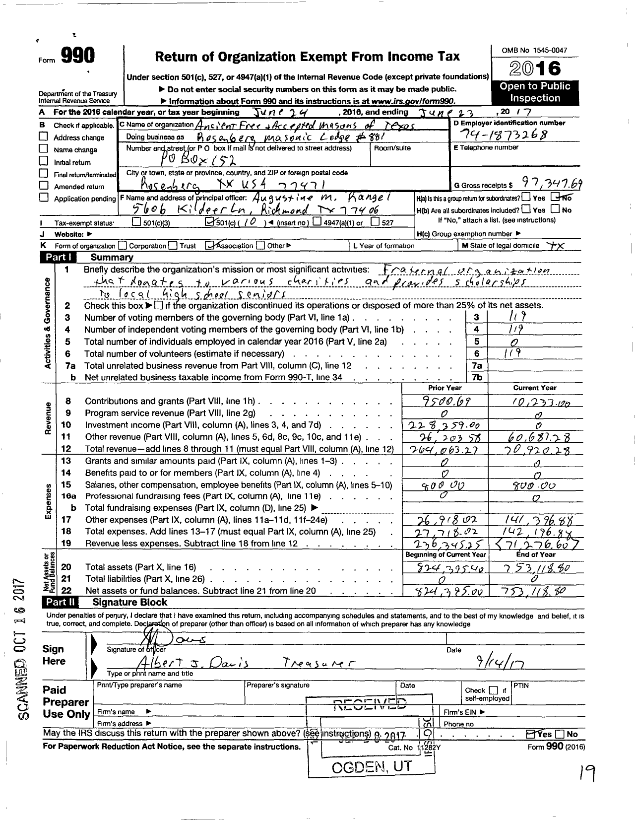 Image of first page of 2016 Form 990O for Freemasons in Texas - Rosenberg Lodge No 881