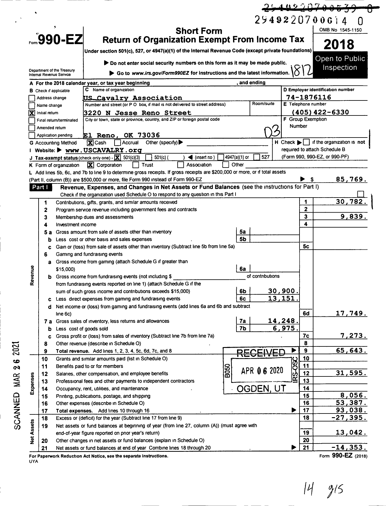 Image of first page of 2018 Form 990EZ for US S Cavalry Association