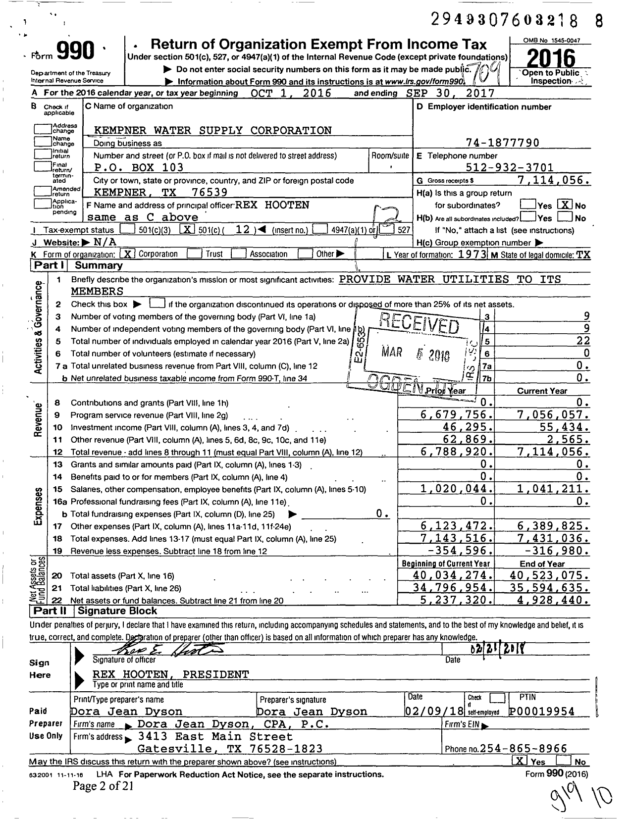 Image of first page of 2016 Form 990O for Kempner Water Supply Corporation
