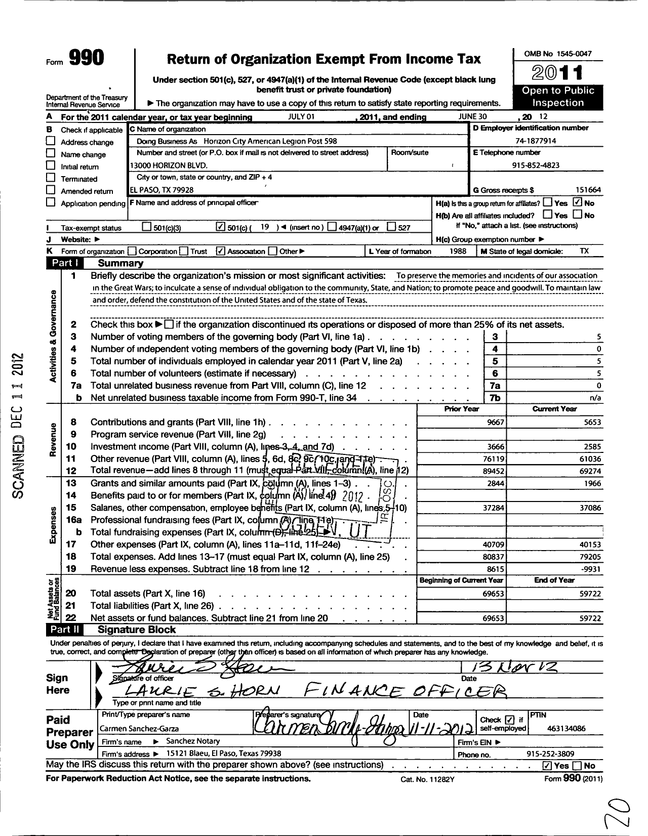 Image of first page of 2011 Form 990O for American Legion - 598 Horizon City Post
