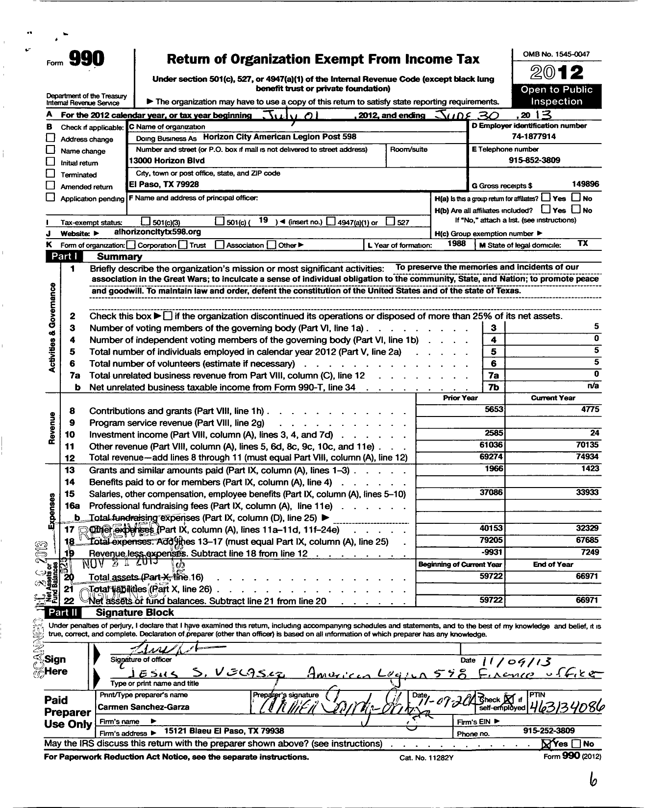 Image of first page of 2012 Form 990O for American Legion - 598 Horizon City Post