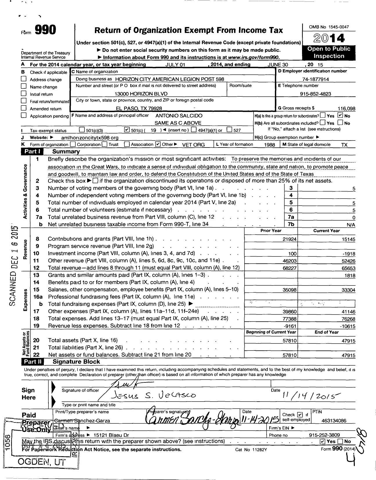 Image of first page of 2014 Form 990O for American Legion - 598 Horizon City Post
