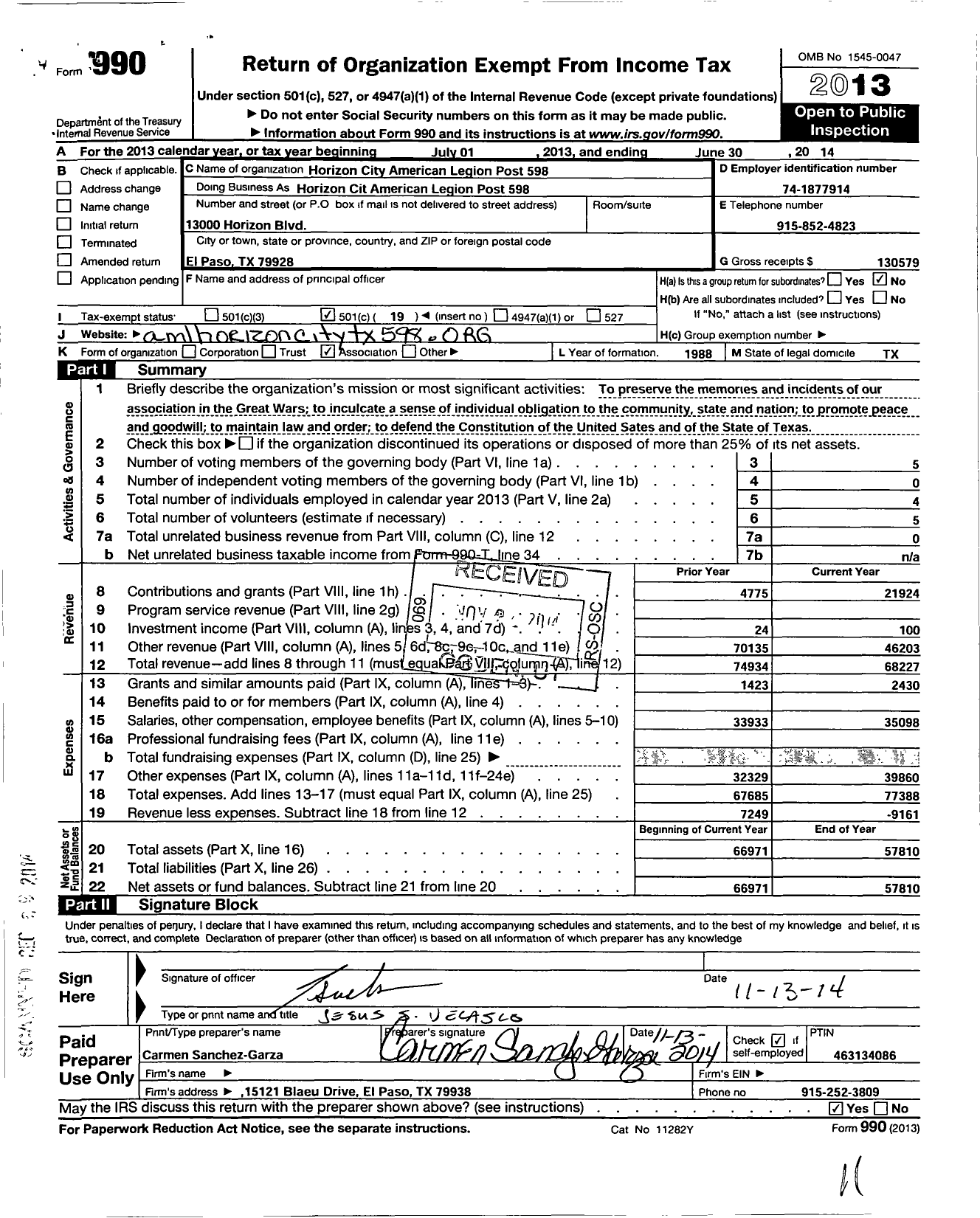 Image of first page of 2013 Form 990O for American Legion - 598 Horizon City Post