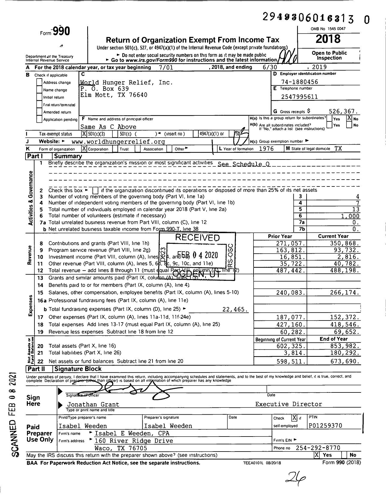 Image of first page of 2018 Form 990 for World Hunger Relief Institute