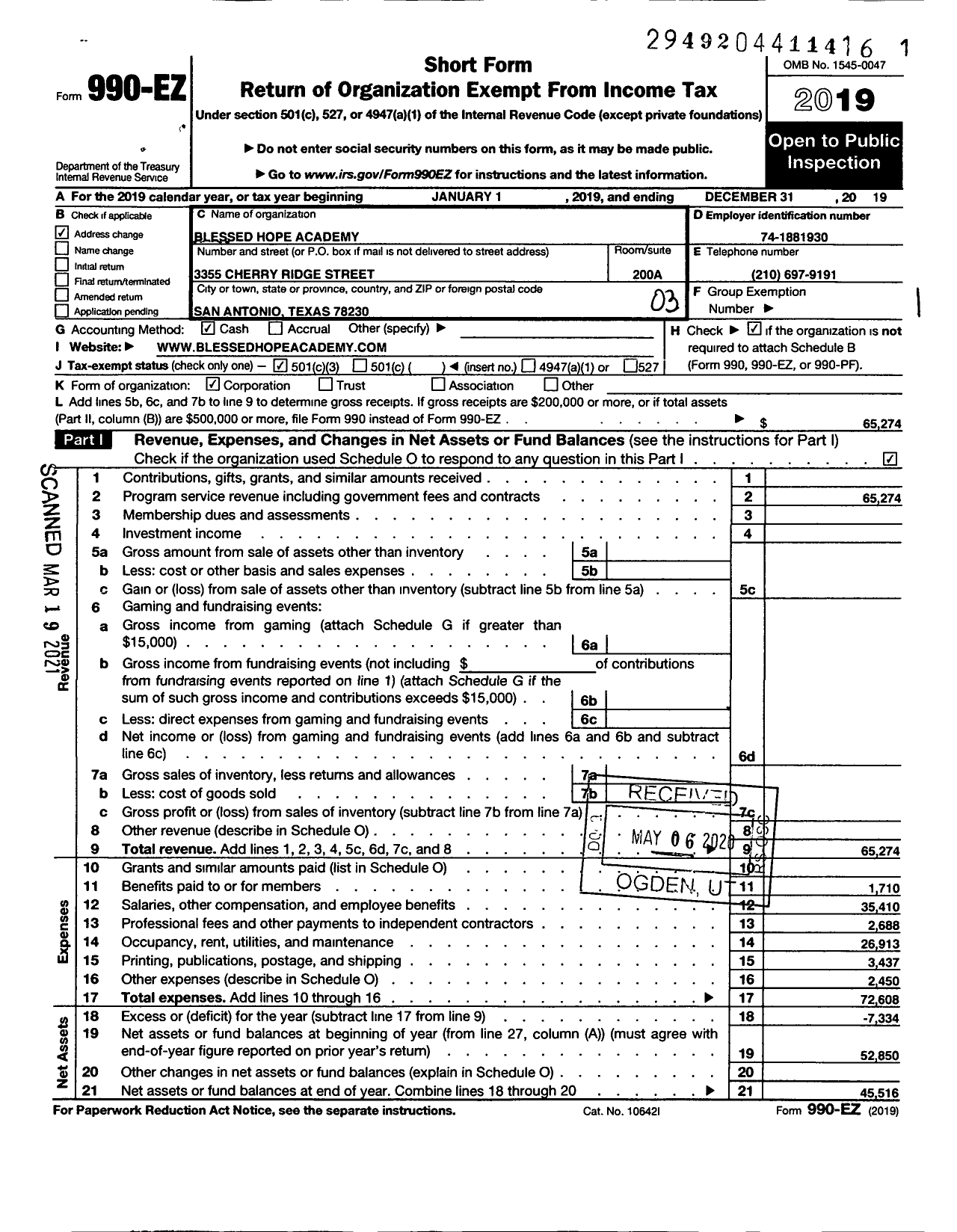 Image of first page of 2019 Form 990EZ for Blessed Hope Academy