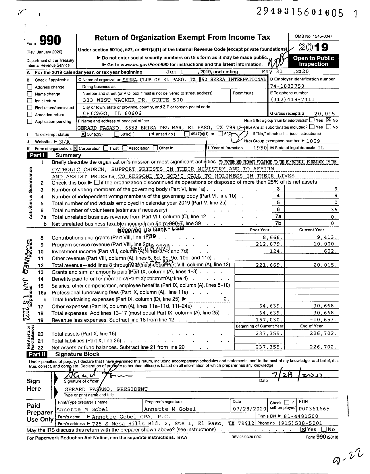 Image of first page of 2019 Form 990 for Serra International - 52 El Paso Serra Club