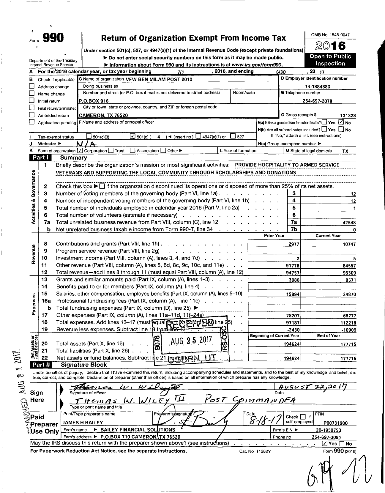 Image of first page of 2016 Form 990O for Texas VFW - 2010 Ben Milam