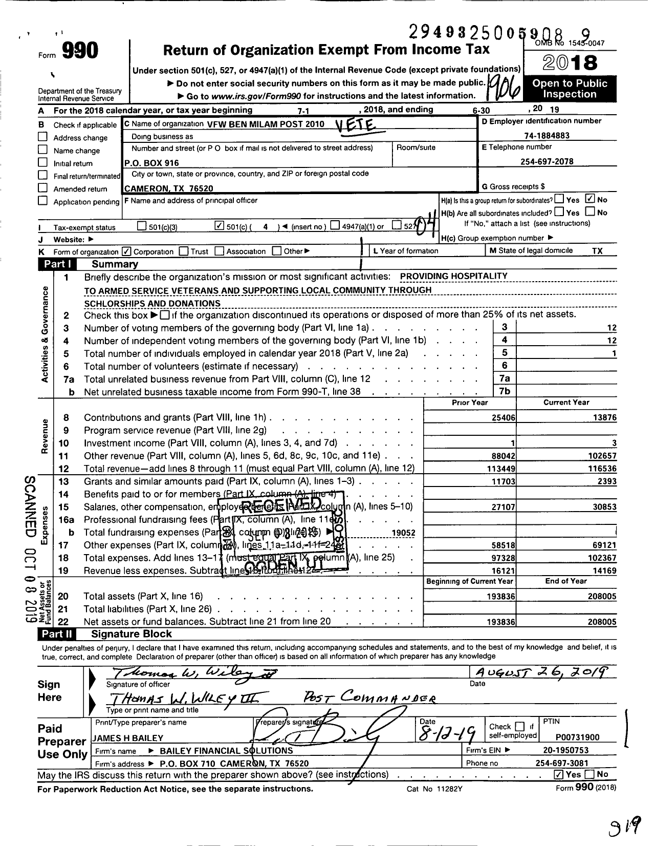 Image of first page of 2018 Form 990O for Texas VFW - 2010 Ben Milam