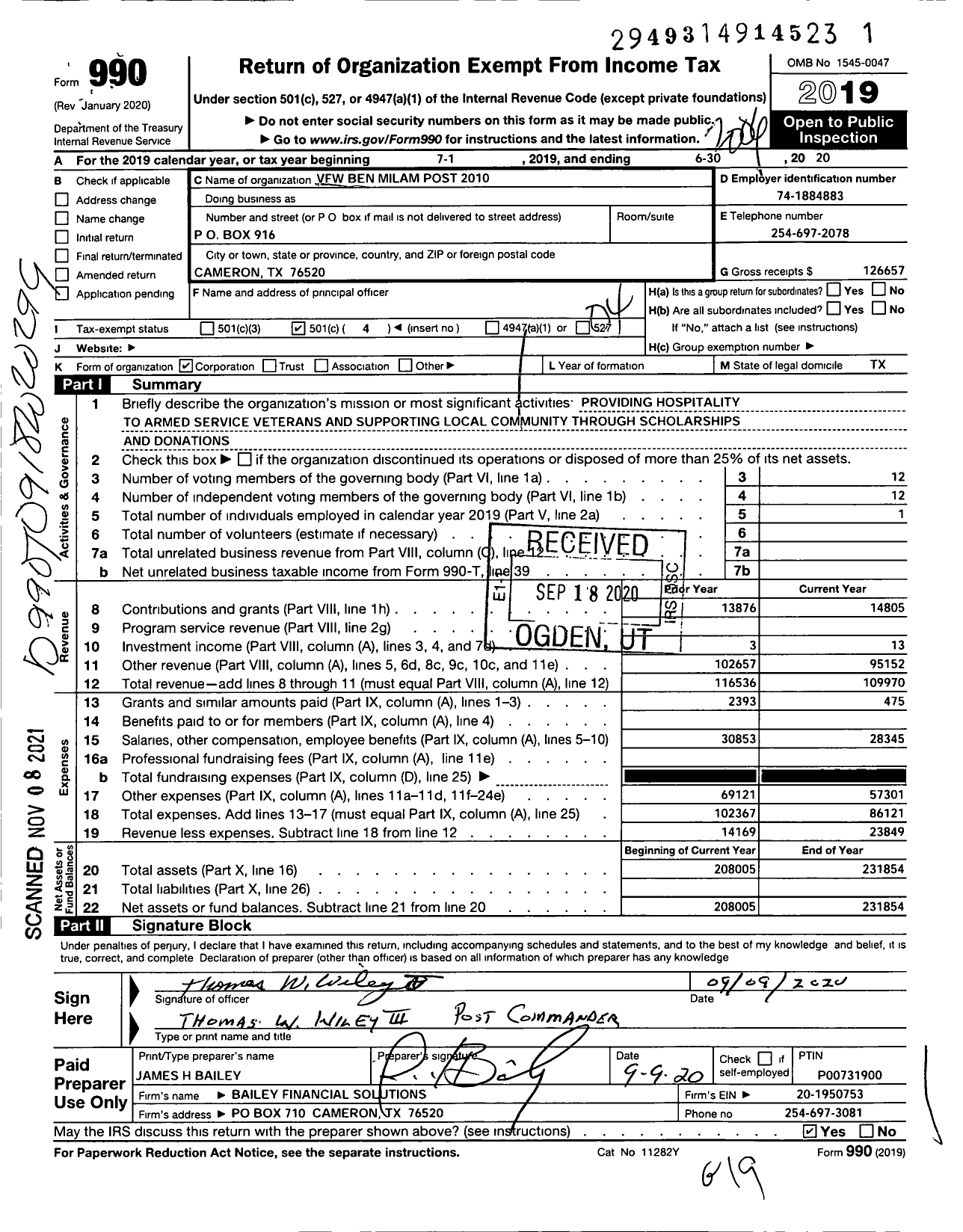 Image of first page of 2019 Form 990O for Texas VFW - 2010 Ben Milam