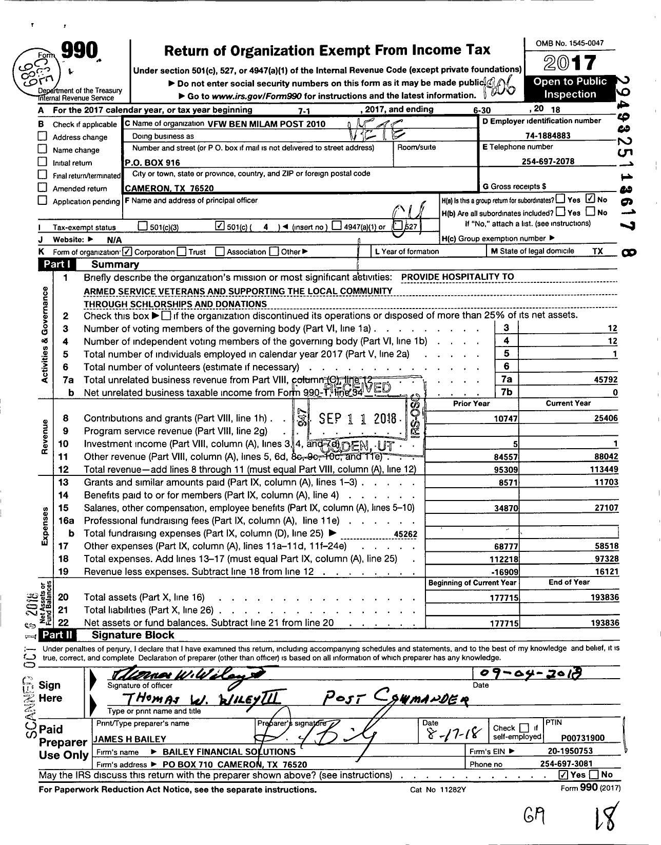 Image of first page of 2017 Form 990O for Texas VFW - 2010 Ben Milam