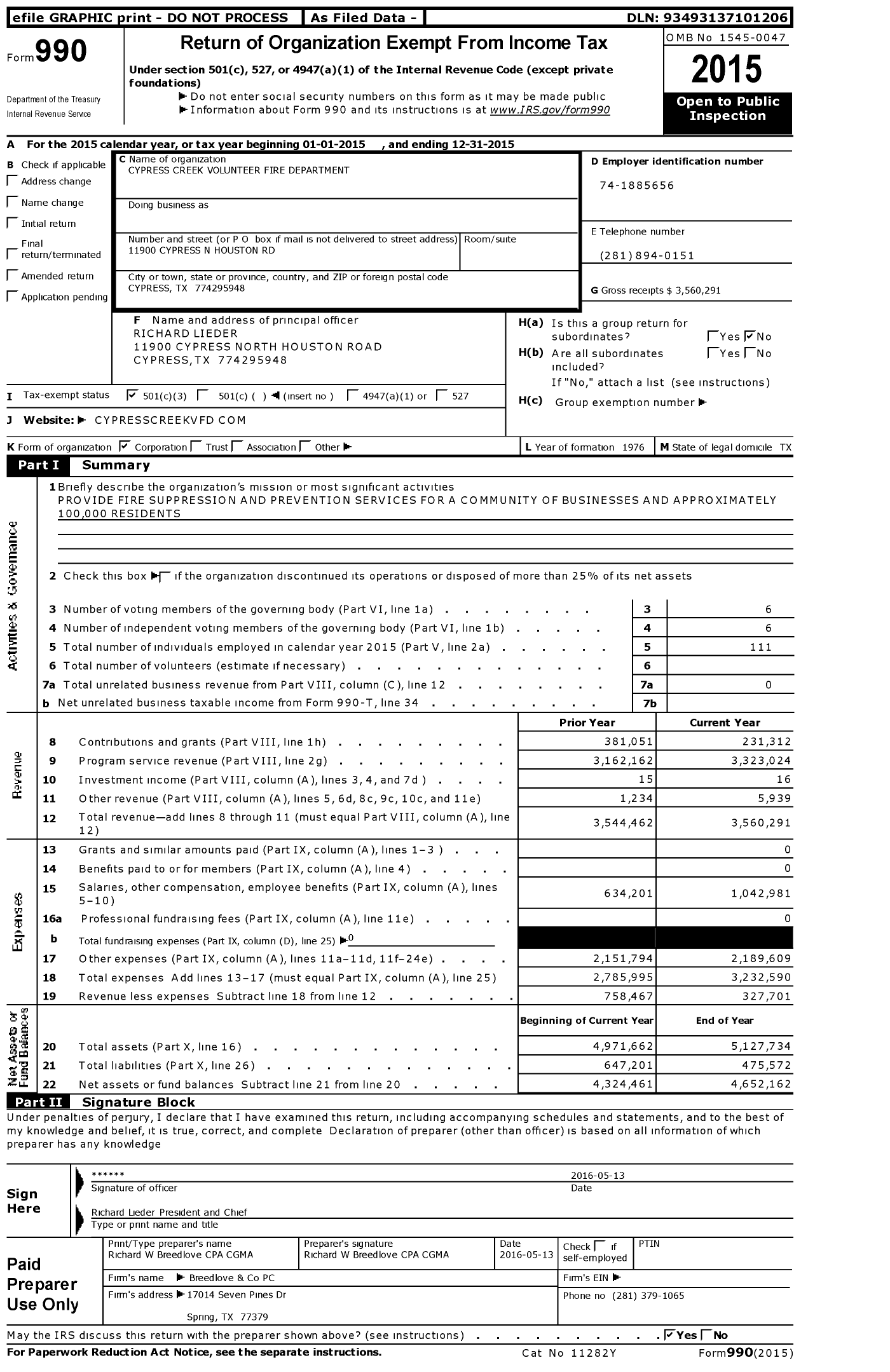 Image of first page of 2015 Form 990 for Cypress Creek Volunteer Fire Department (CCVFD)