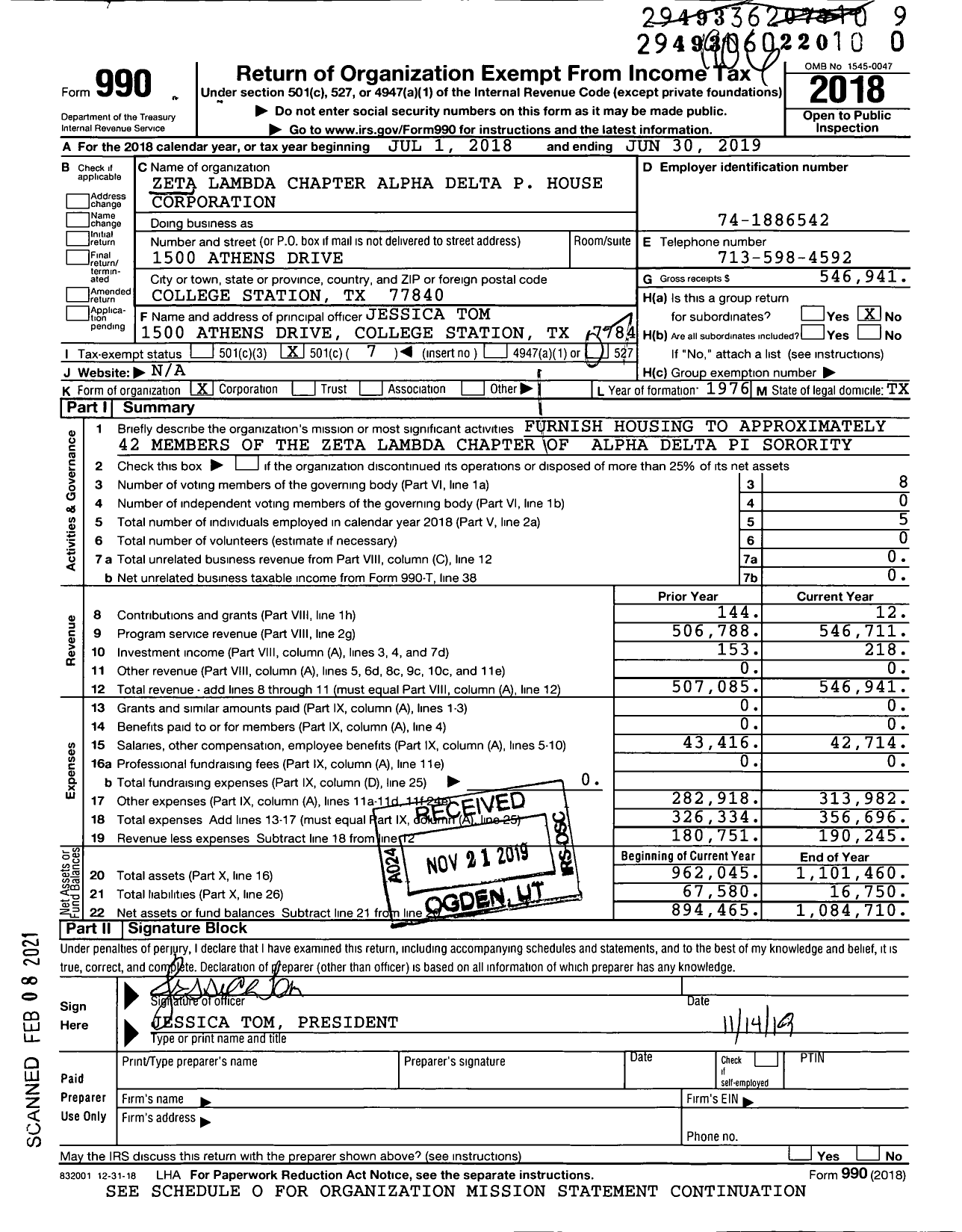 Image of first page of 2018 Form 990O for Zeta Lambda Chapter Alpha Delta P House Corporation