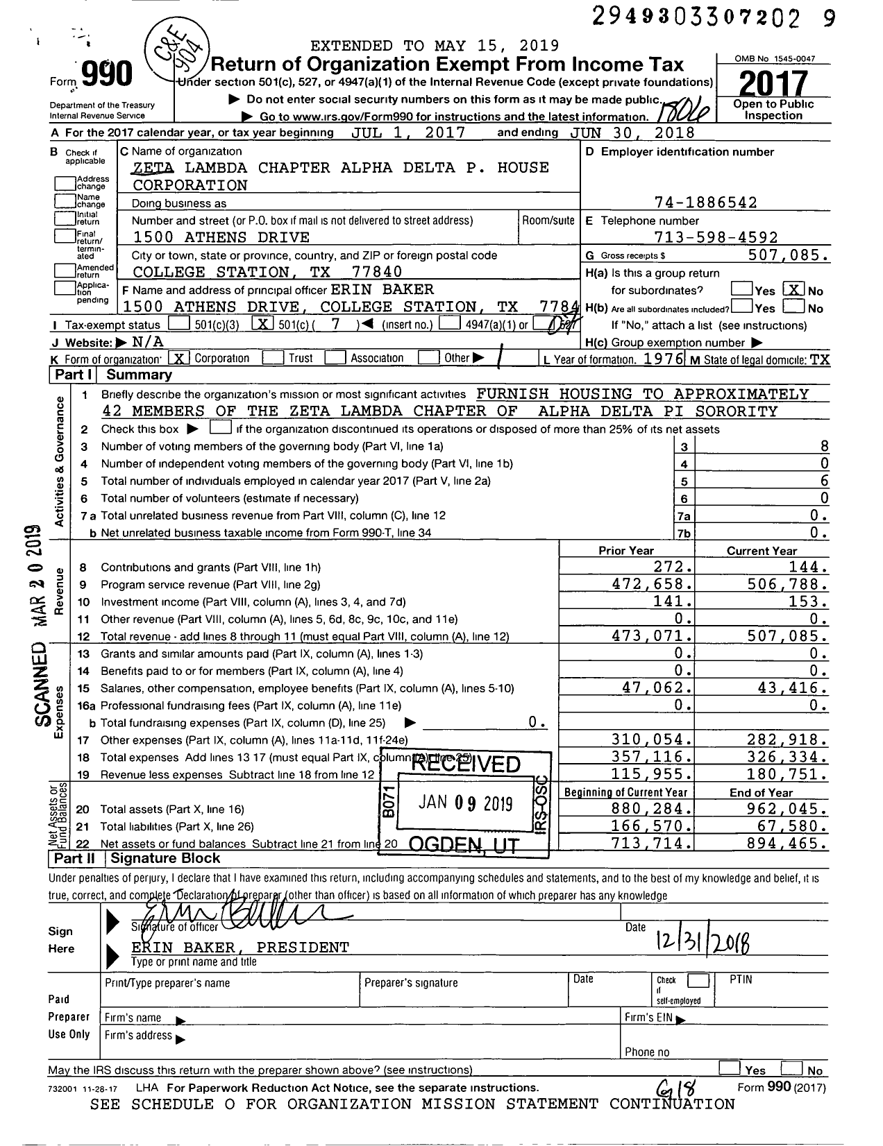 Image of first page of 2017 Form 990O for Zeta Lambda Chapter Alpha Delta P House Corporation