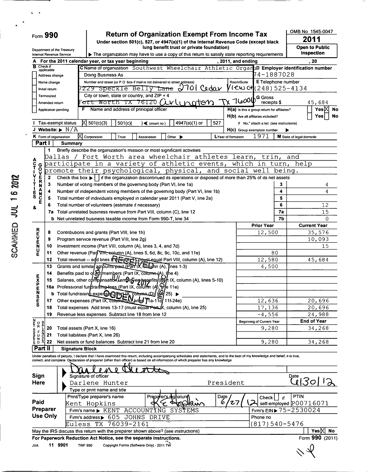 Image of first page of 2011 Form 990 for Southwest Wheelchair Athletic Organization