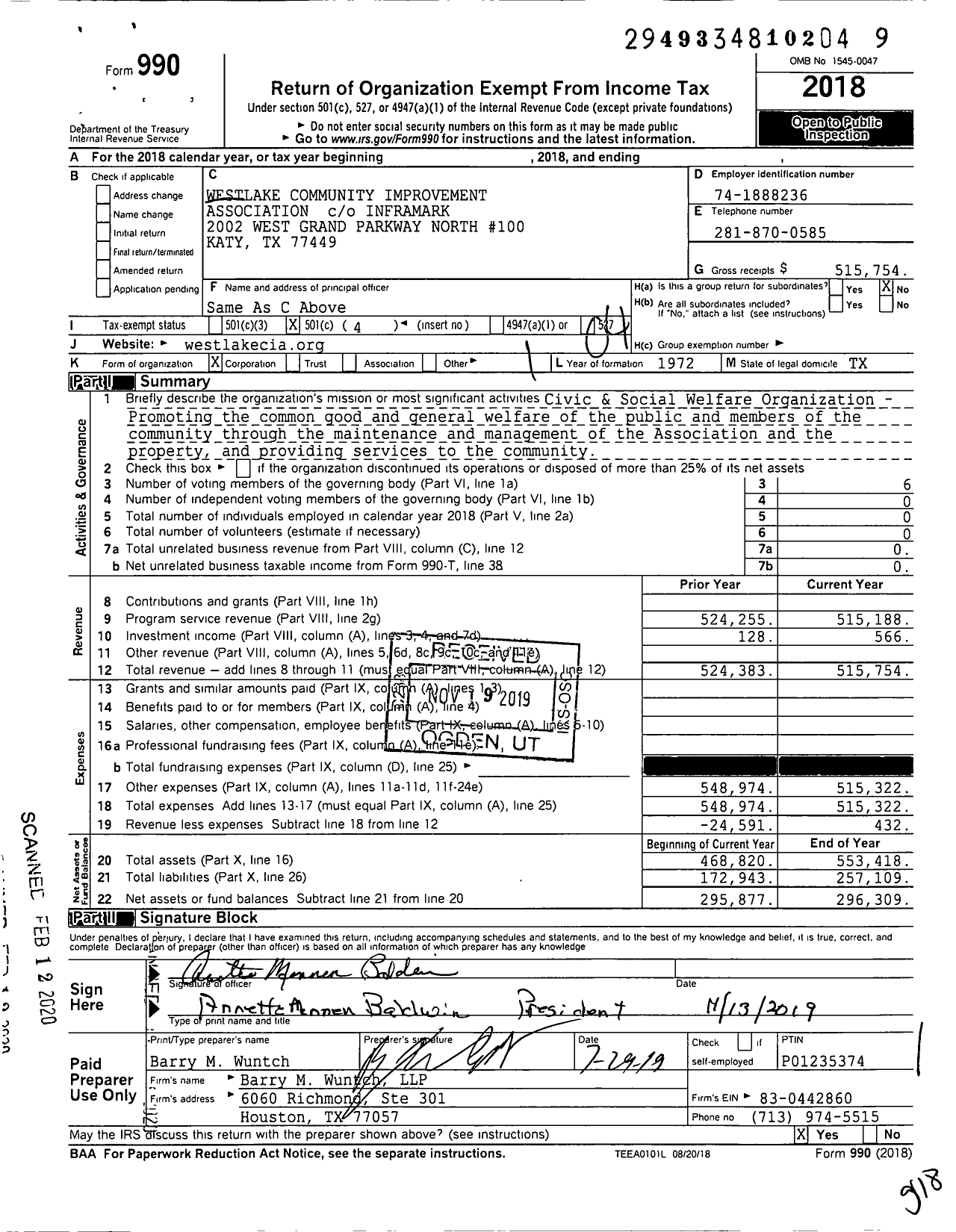 Image of first page of 2018 Form 990O for Westlake Community Improvement Association Co Inframark