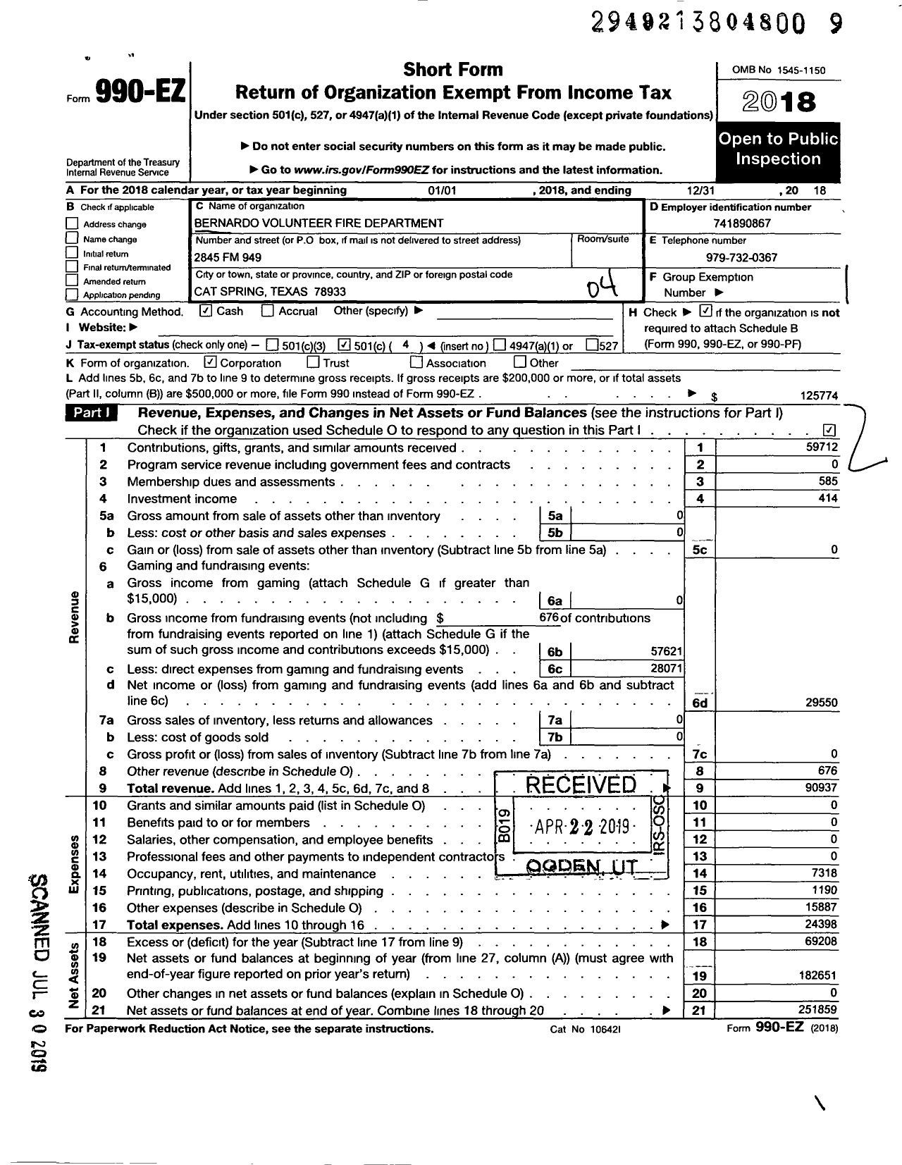 Image of first page of 2018 Form 990EO for Bernardo Volunteer Fire Department