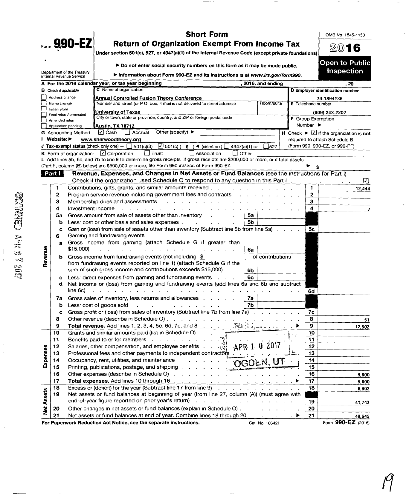 Image of first page of 2016 Form 990EO for Annual Controlled Fusion Theory Conference