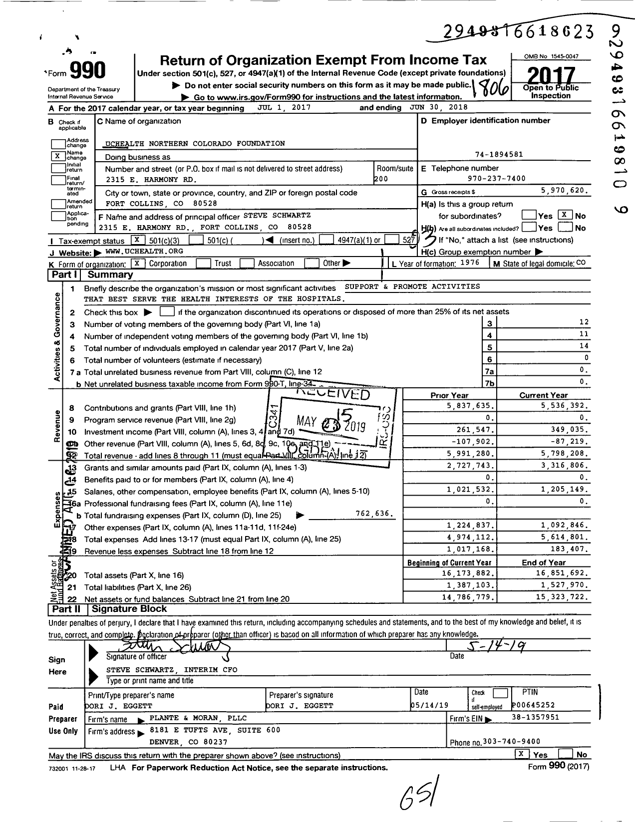 Image of first page of 2017 Form 990 for Uchealth Northern Colorado Foundation