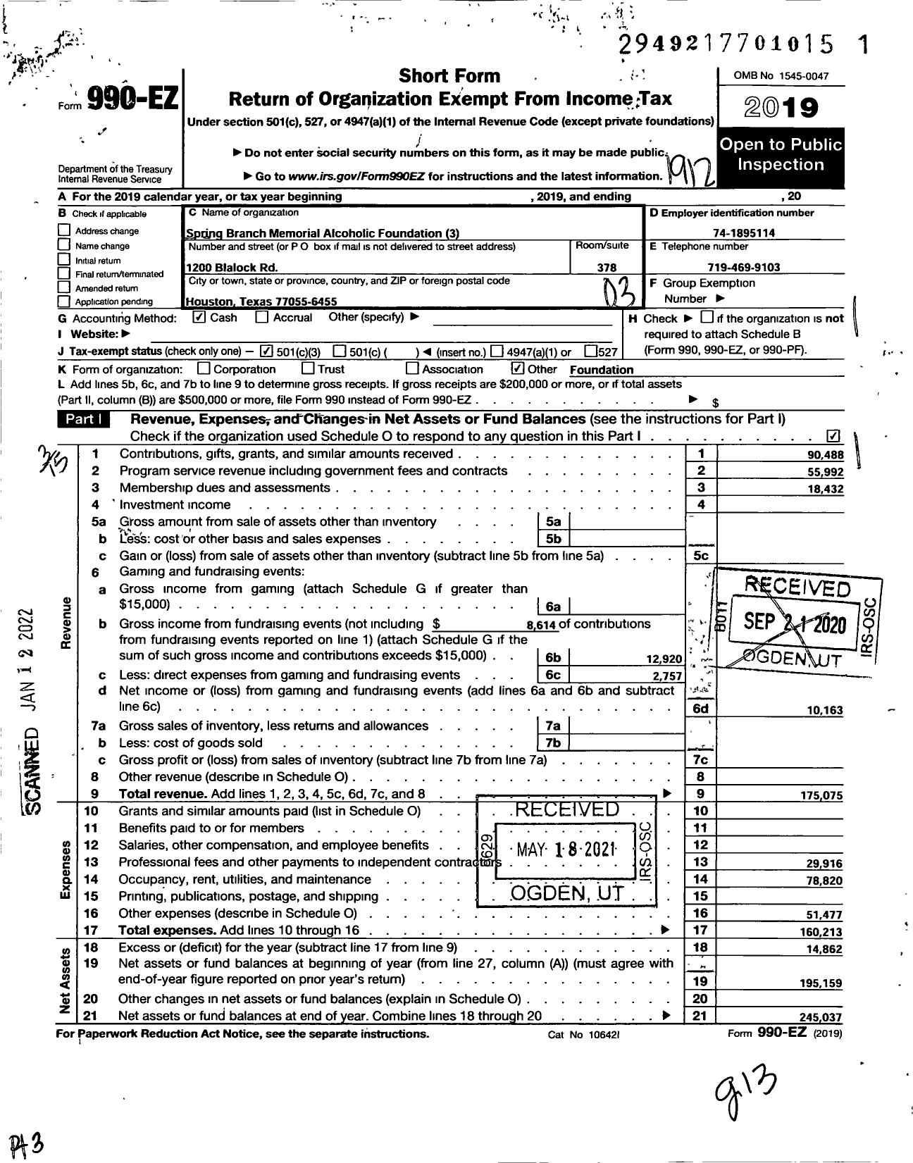 Image of first page of 2019 Form 990EZ for Spring Branch Memorial Alcoholic Foundation