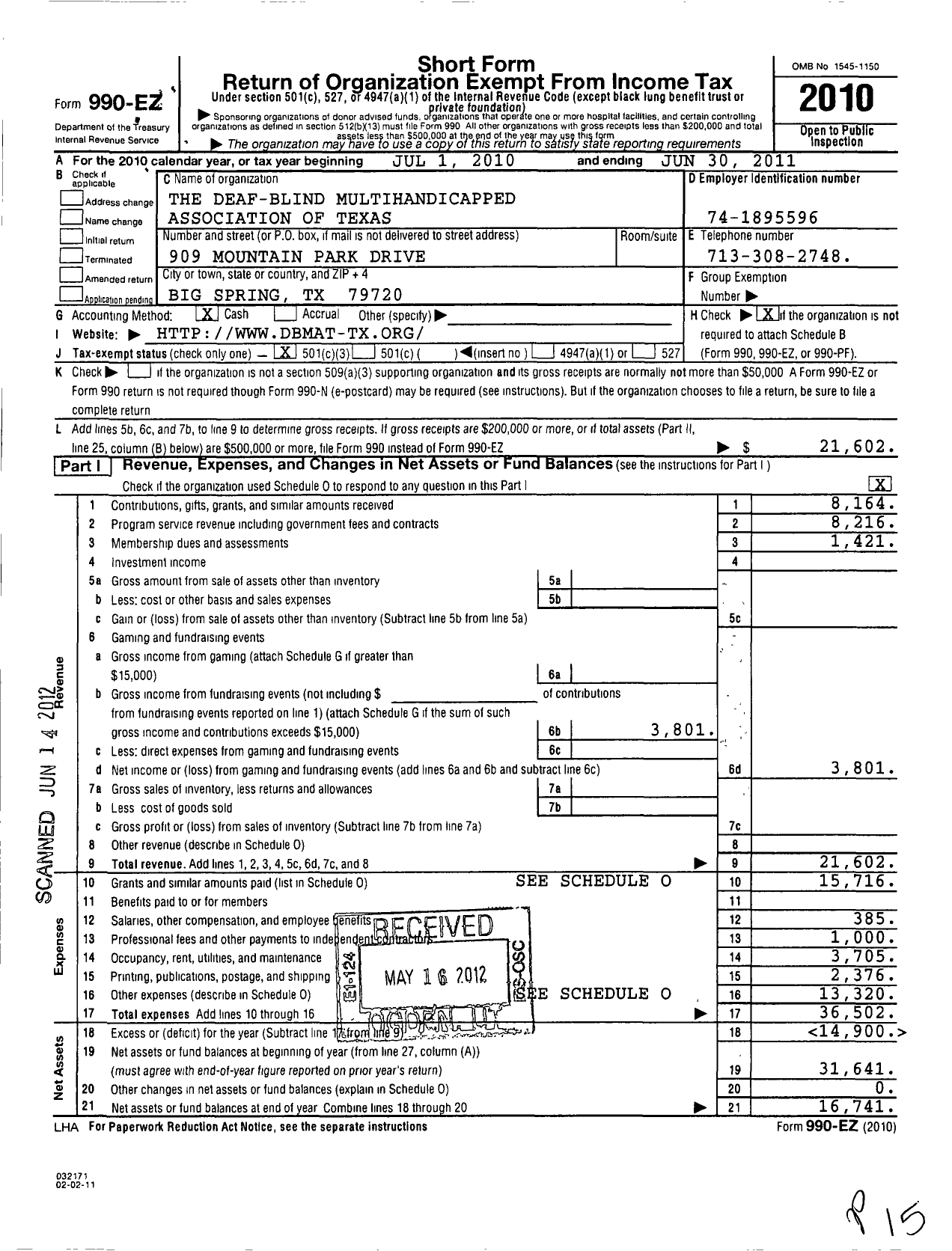 Image of first page of 2010 Form 990EZ for Deaf-Blind Multihandicapped Association of Texas