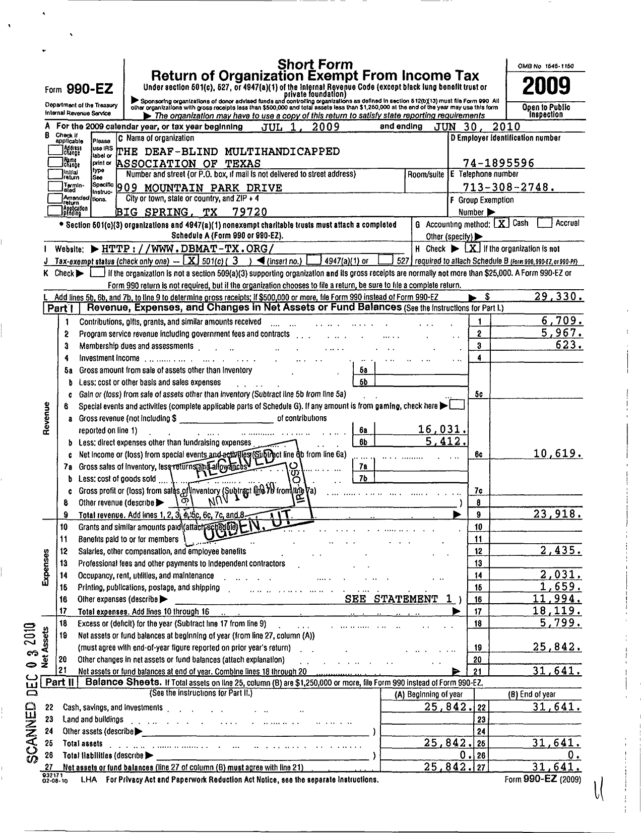 Image of first page of 2009 Form 990EZ for Deaf-Blind Multihandicapped Association of Texas