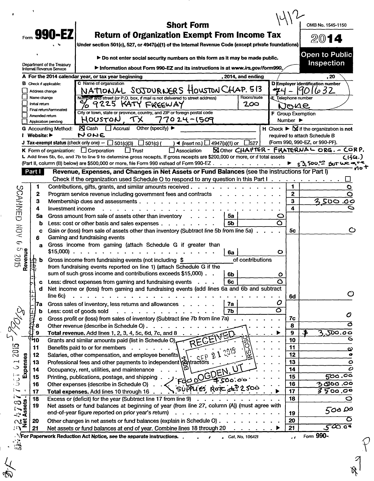 Image of first page of 2014 Form 990EO for National Sojourners - 513 Houston