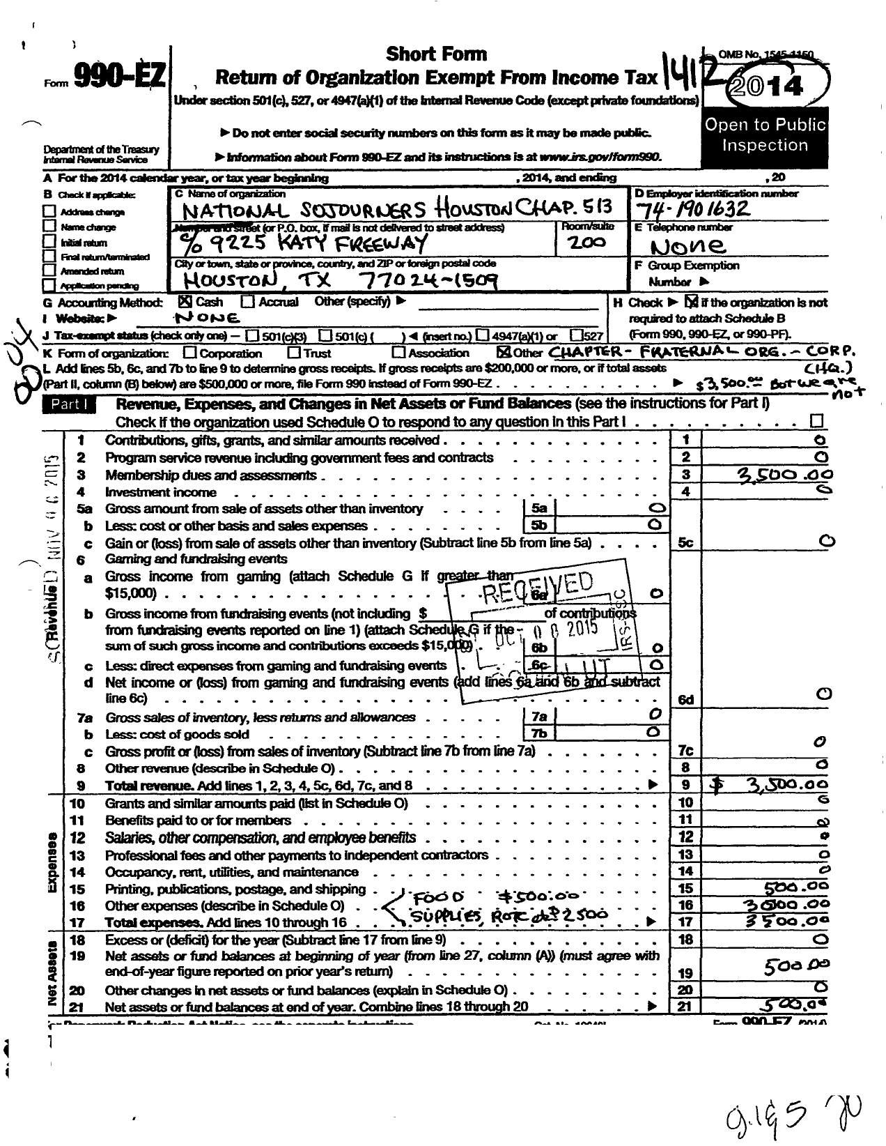 Image of first page of 2014 Form 990EO for National Sojourners - 513 Houston