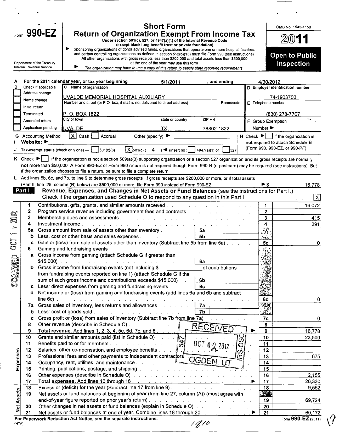 Image of first page of 2011 Form 990EO for Uvalde County Memorial Hospital Auxilary