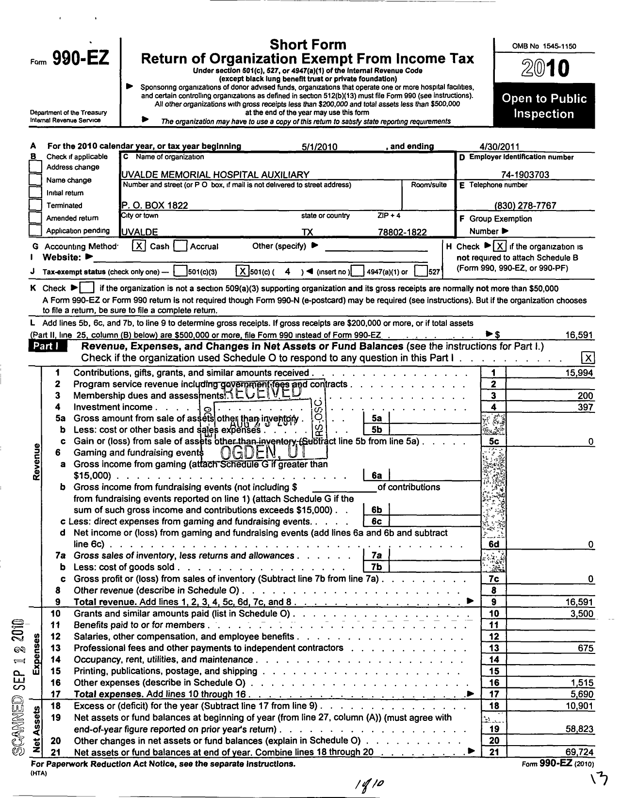 Image of first page of 2010 Form 990EO for Uvalde County Memorial Hospital Auxilary