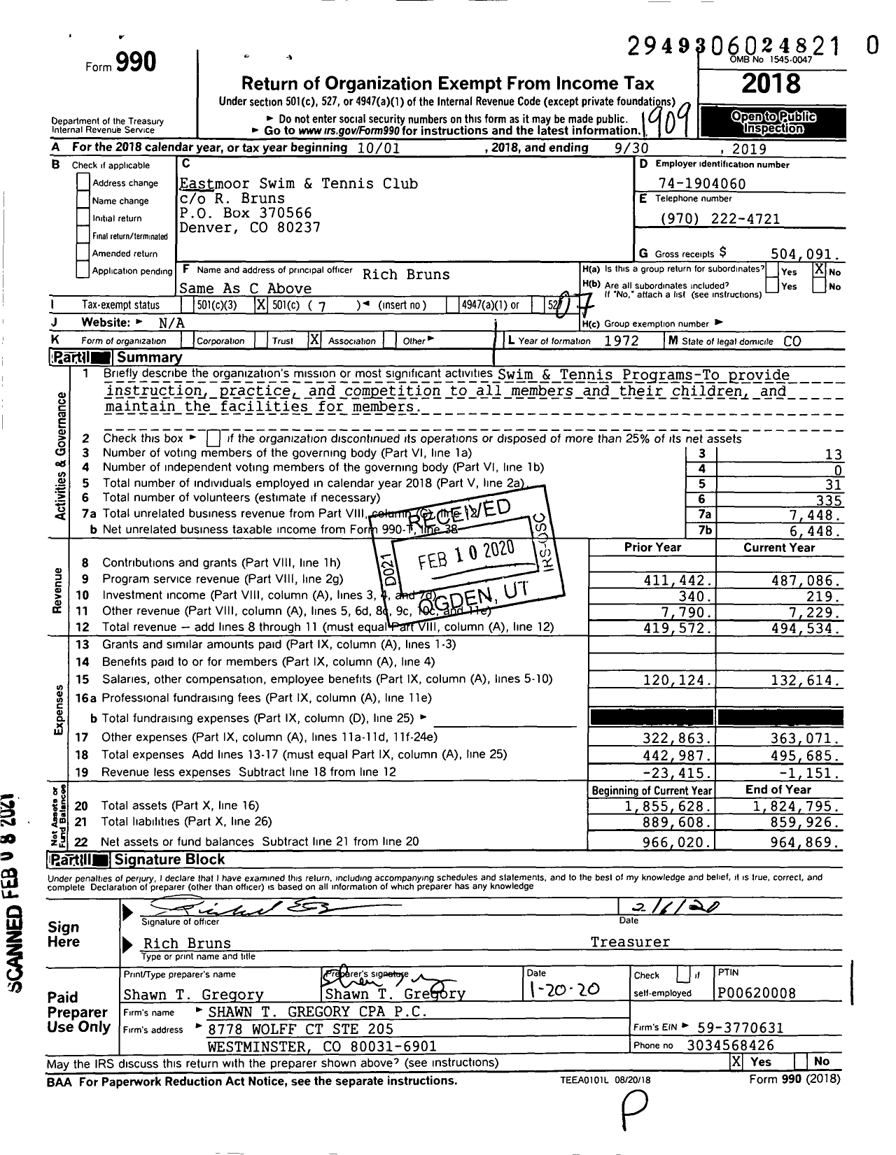 Image of first page of 2018 Form 990O for Eastmoor Swim and Tennis Club