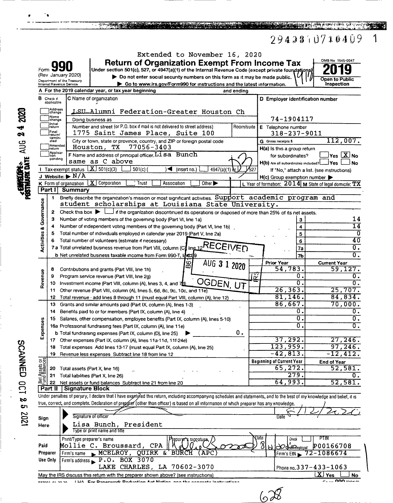 Image of first page of 2019 Form 990 for LSU Alumni Federation-Greater Houston Ch