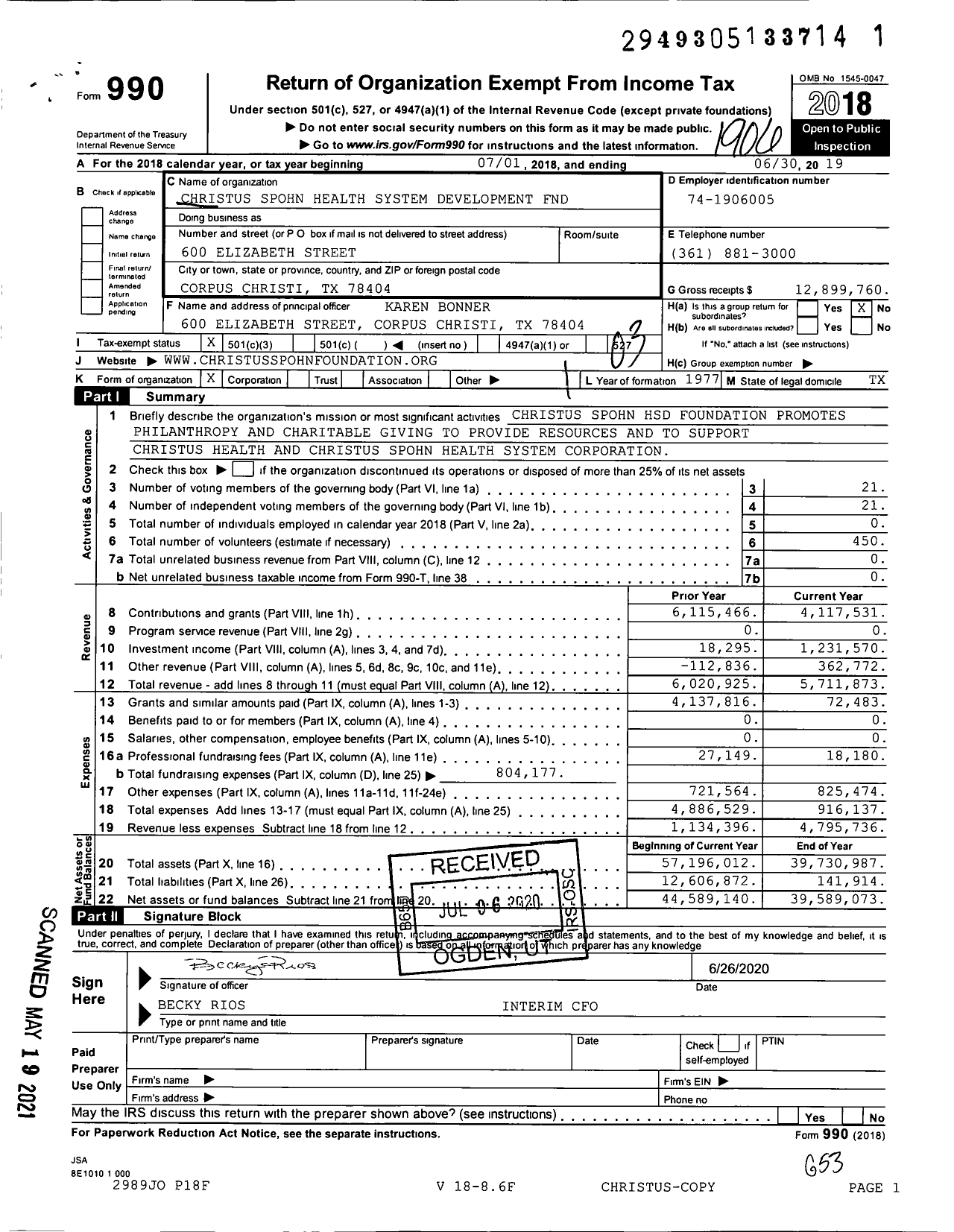 Image of first page of 2018 Form 990 for Christus Spohn Health System DEVELOPMENT FND