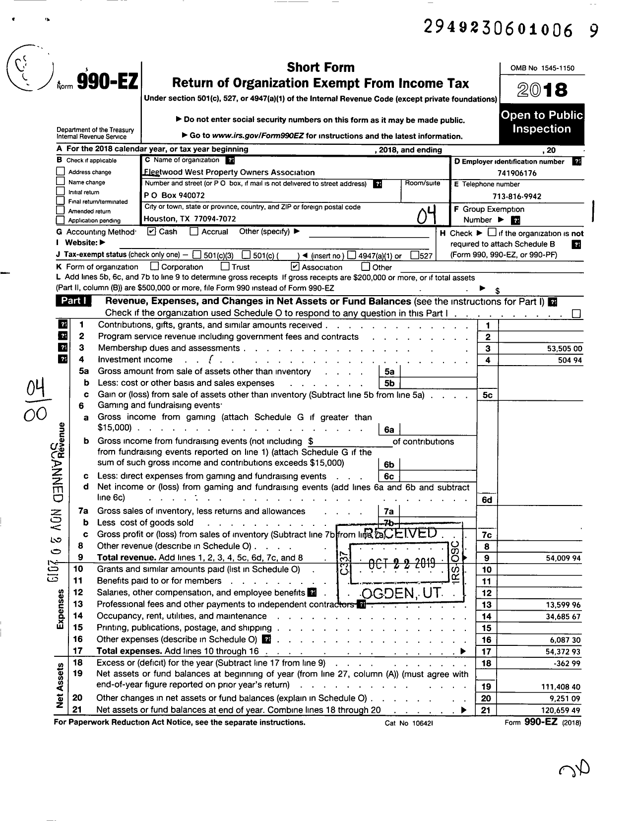 Image of first page of 2018 Form 990EO for Fleetwood West Property Owners Association