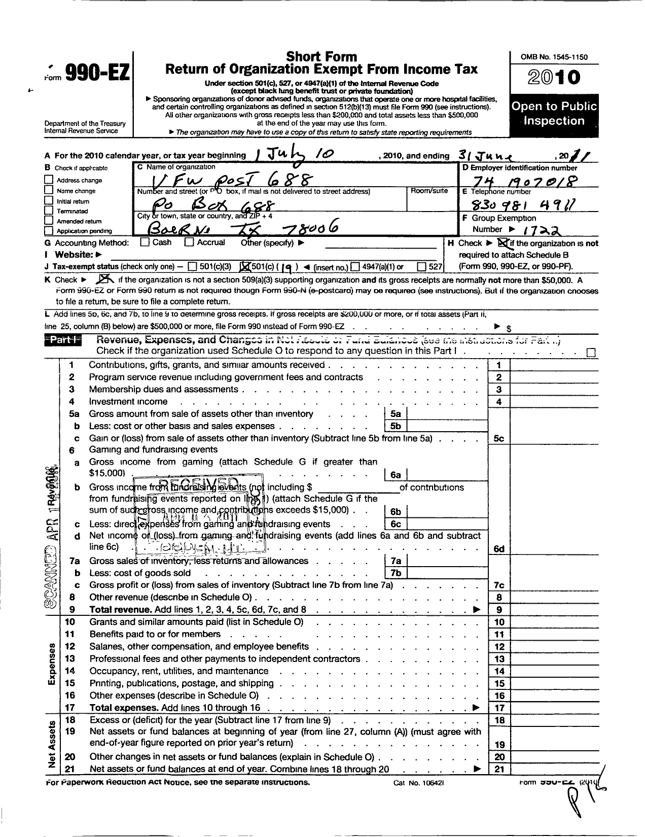 Image of first page of 2010 Form 990EO for Texas VFW - 688 PVT Bruno Phillip