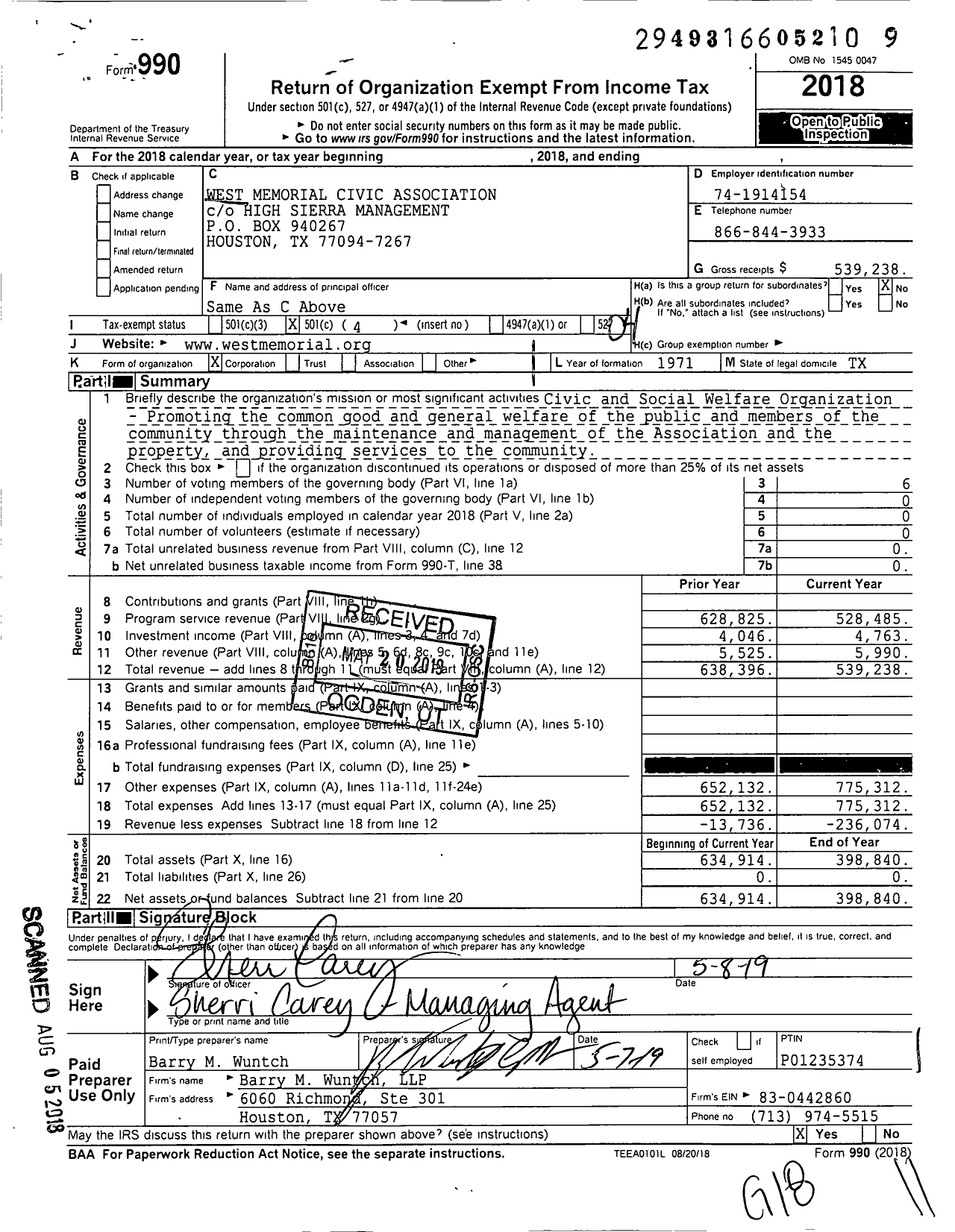 Image of first page of 2018 Form 990O for West Memorial Civic Association